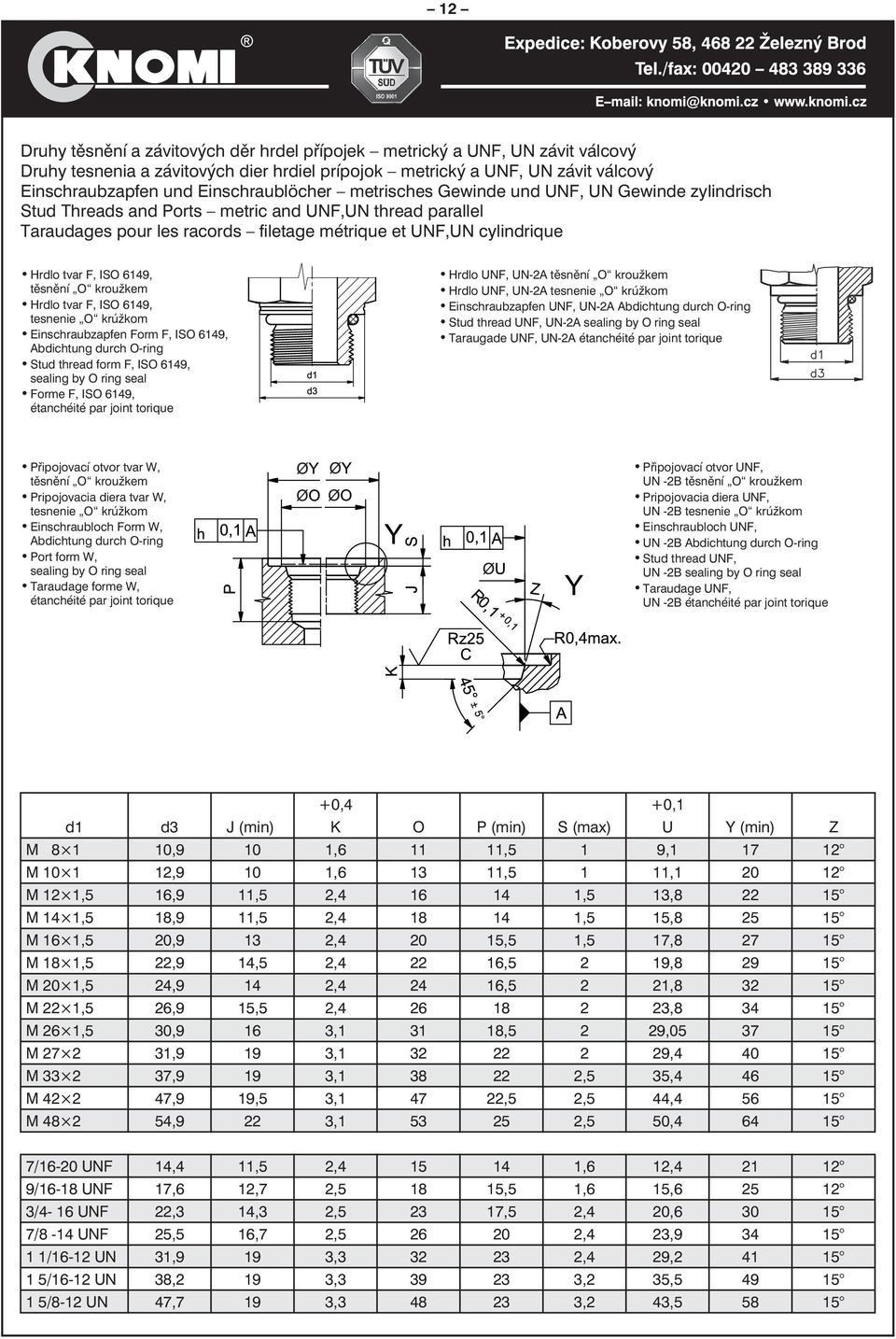 tvar F, ISO 6149, těsnění O kroužkem Hrdlo tvar F, ISO 6149, tesnenie O krúžkom Einschraubzapfen Form F, ISO 6149, Abdichtung durch O-ring Stud thread form F, ISO 6149, sealing by O ring seal Forme