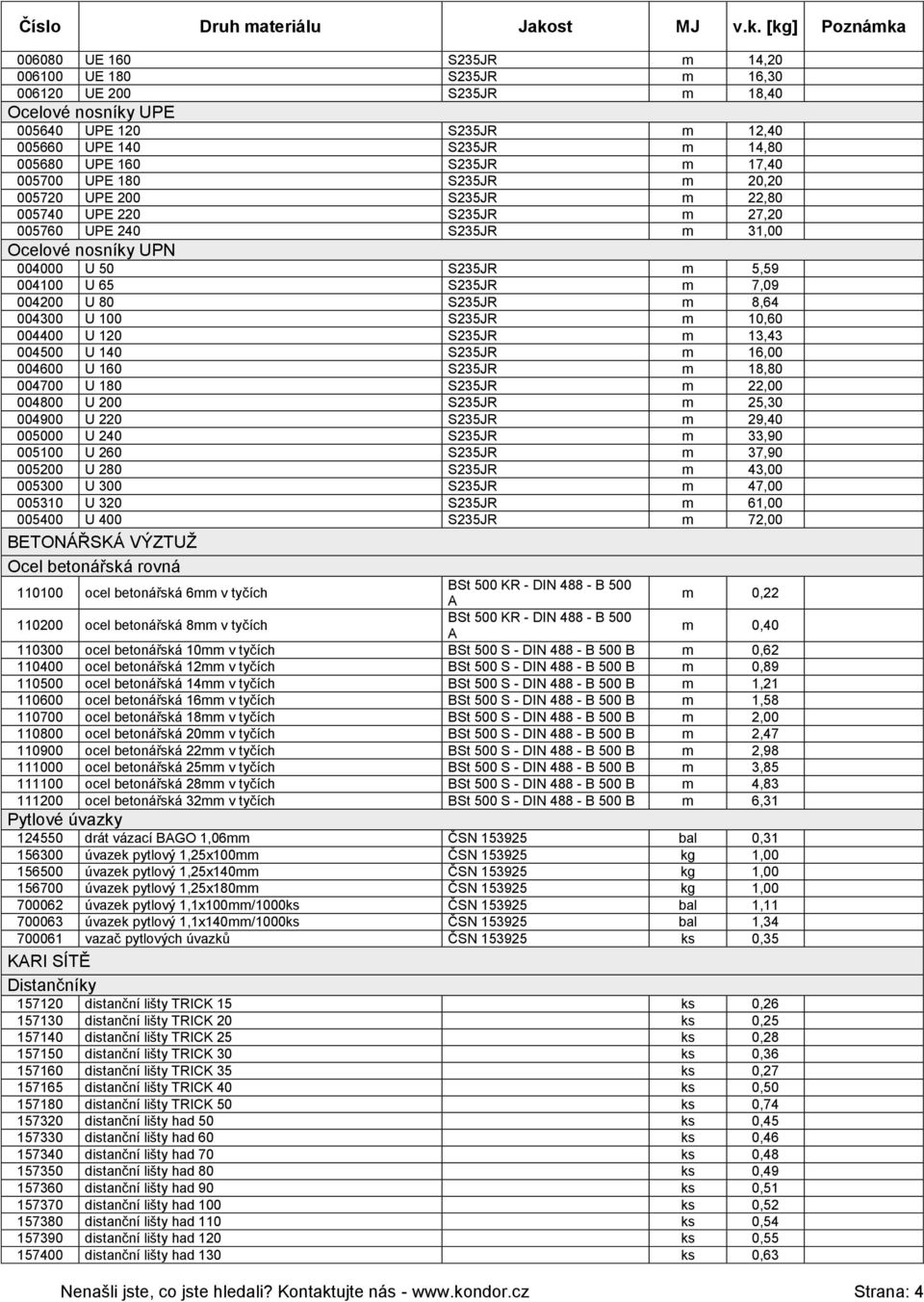 U 80 S235JR m 8,64 004300 U 100 S235JR m 10,60 004400 U 120 S235JR m 13,43 004500 U 140 S235JR m 16,00 004600 U 160 S235JR m 18,80 004700 U 180 S235JR m 22,00 004800 U 200 S235JR m 25,30 004900 U 220