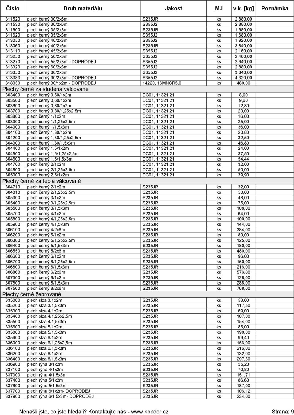 DOPRODEJ S355J2 ks 2 640,00 313320 plech černý 60/2x3m S355J2 ks 2 880,00 313350 plech černý 80/2x3m S355J2 ks 3 840,00 313383 plech černý 90/2x3m - DOPRODEJ S355J2 ks 4 320,00 318050 plech černý