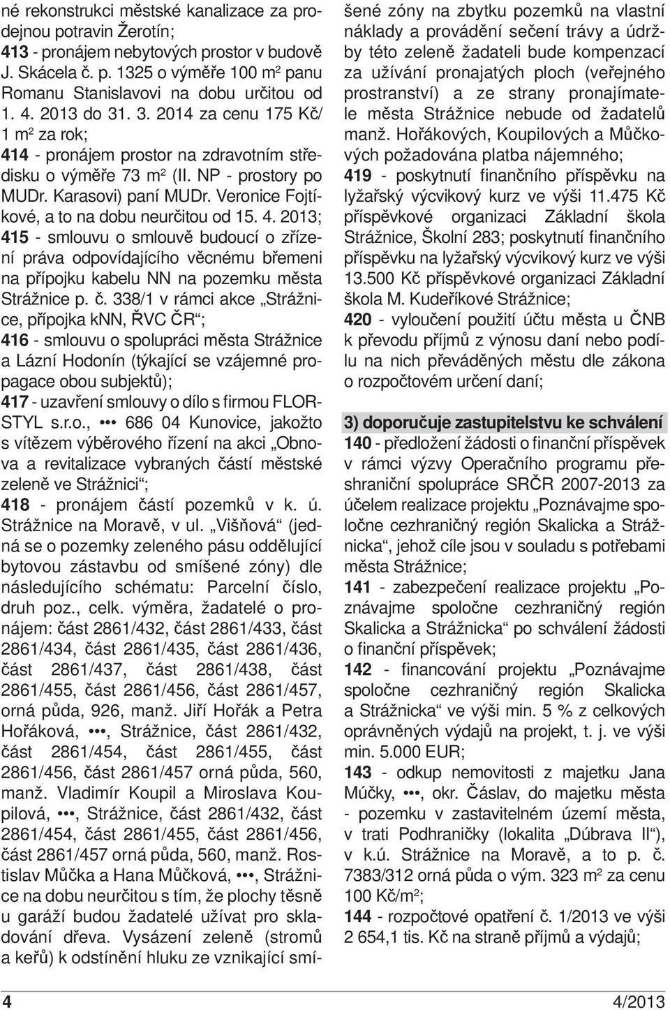 4. 2013; 415 - smlouvu o smlouvě budoucí o zřízení práva odpovídajícího věcnému břemeni na přípojku kabelu NN na pozemku města Strážnice p. č.