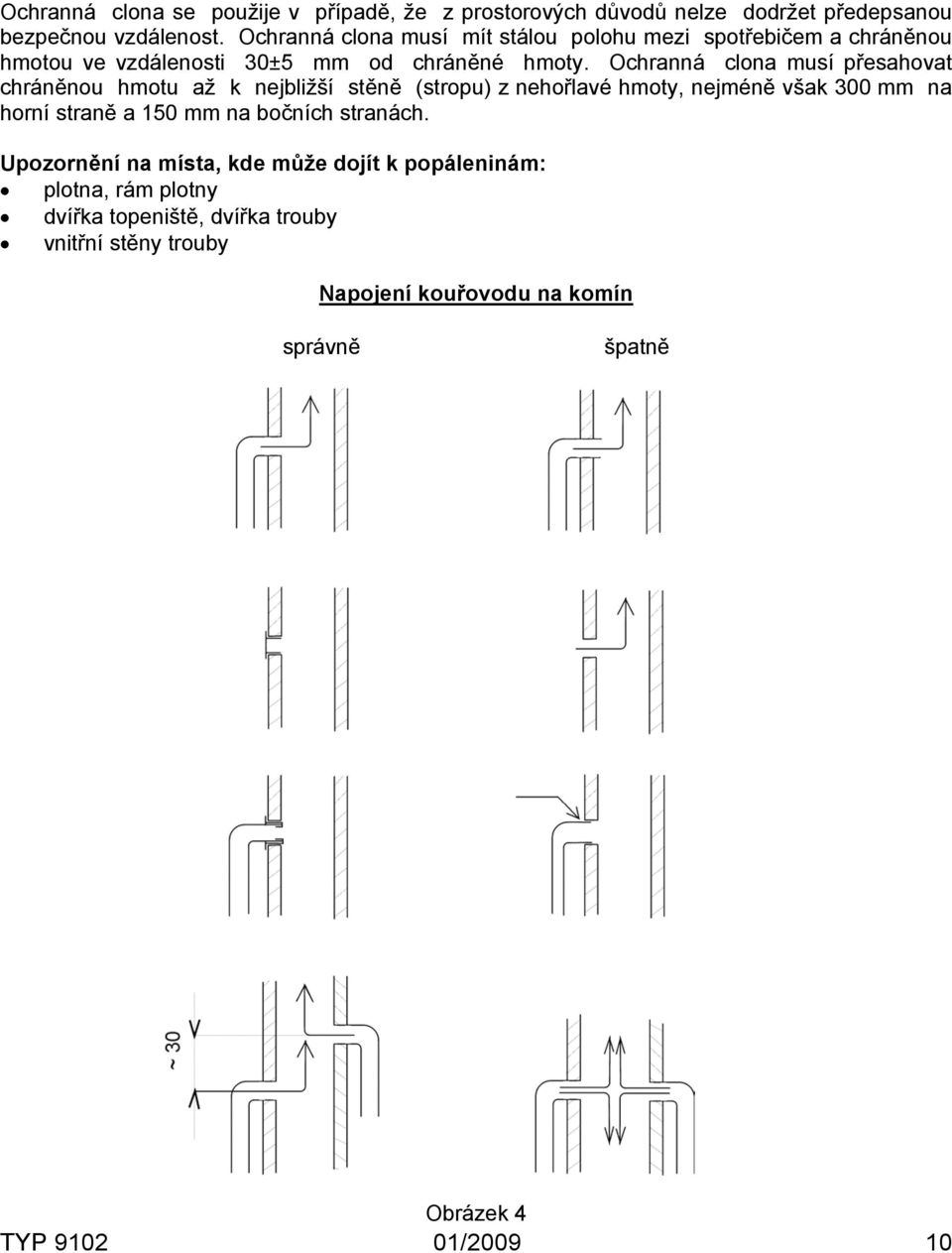Ochranná clona musí přesahovat chráněnou hmotu až k nejbližší stěně (stropu) z nehořlavé hmoty, nejméně však 300 mm na horní straně a 150 mm na