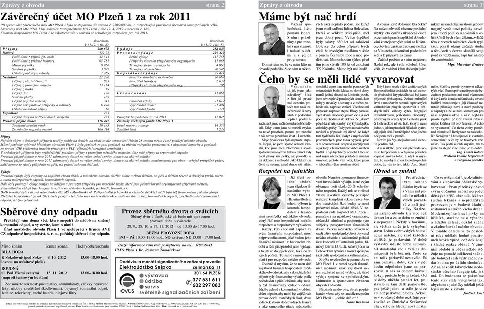 Finanční hospodaření MO Plzeň 1 se uskutečňovalo v souladu se schváleným rozpočtem pro rok 2011. skutečnost. skutečnost k 31.12. v tis. Kč k 31.12 v tis.