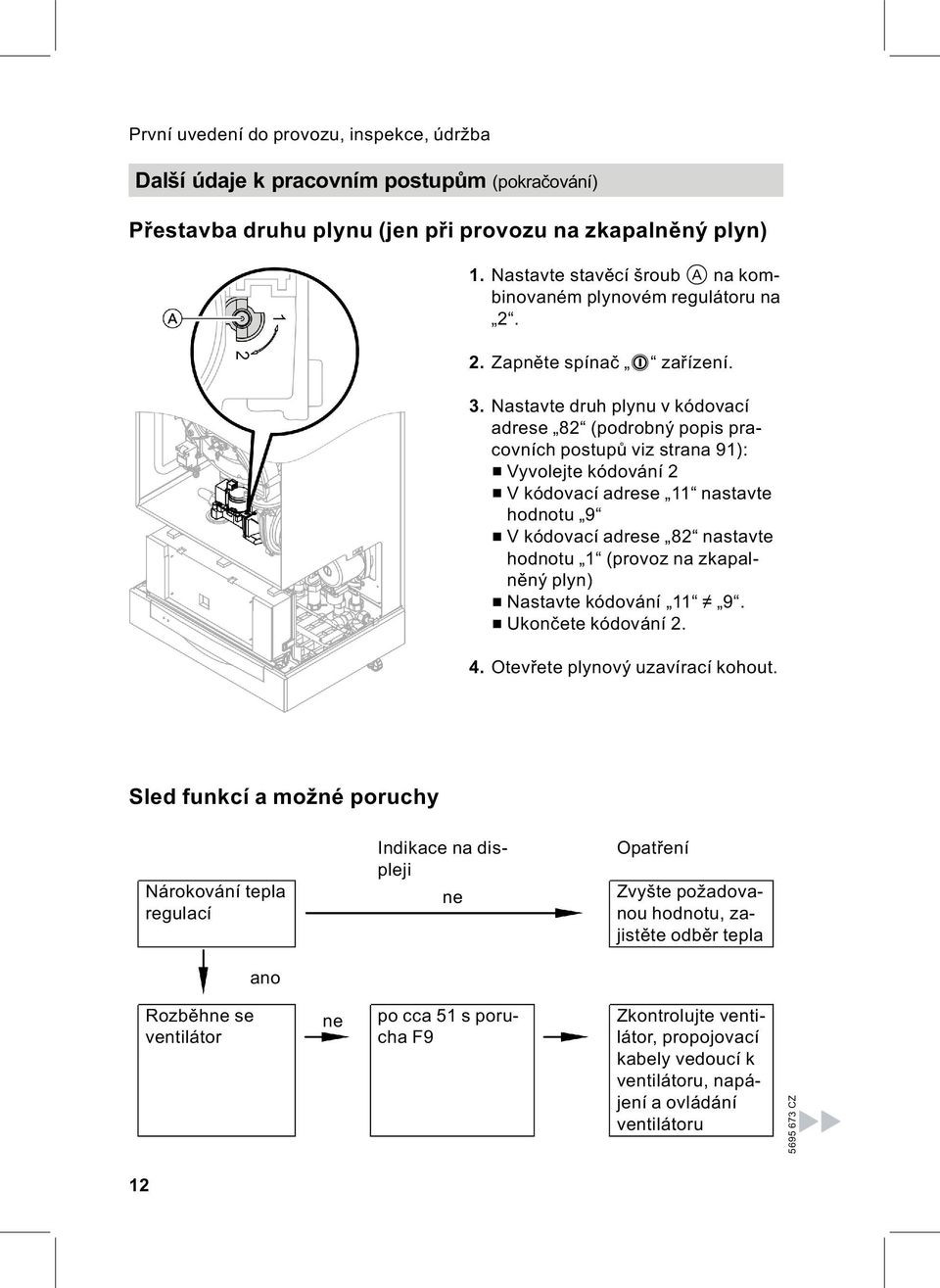 Nastavte druh plynu v kódovací adrese 82 (podrobný popis pracovních postupů viz strana 91): & Vyvolejte kódování 2 & V kódovací adrese 11 nastavte hodnotu 9 & V kódovací adrese 82 nastavte hodnotu 1