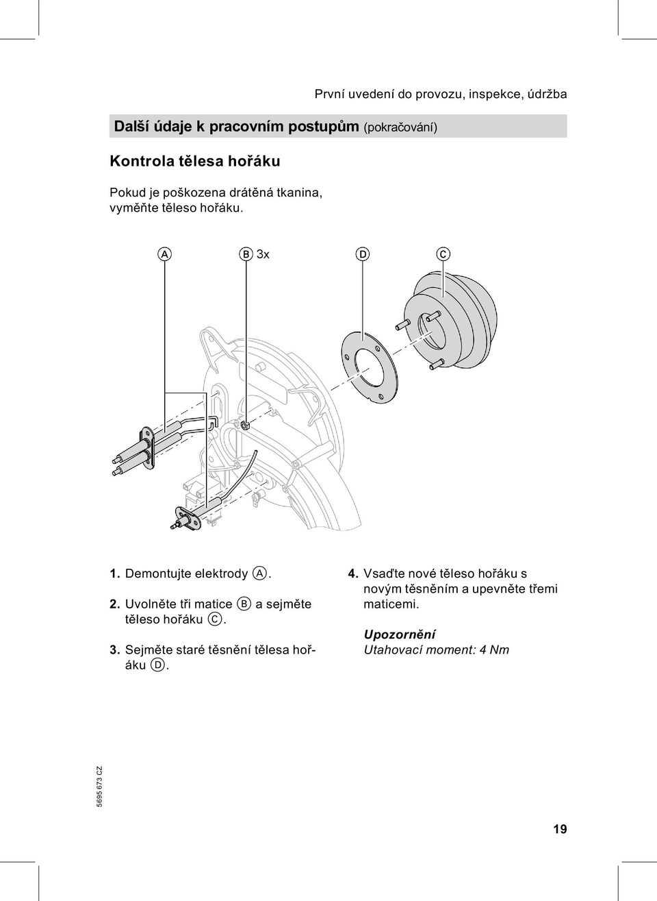 Demontujte elektrody A. 2. Uvolněte tři maticeb asejměte těleso hořáku C. 3.