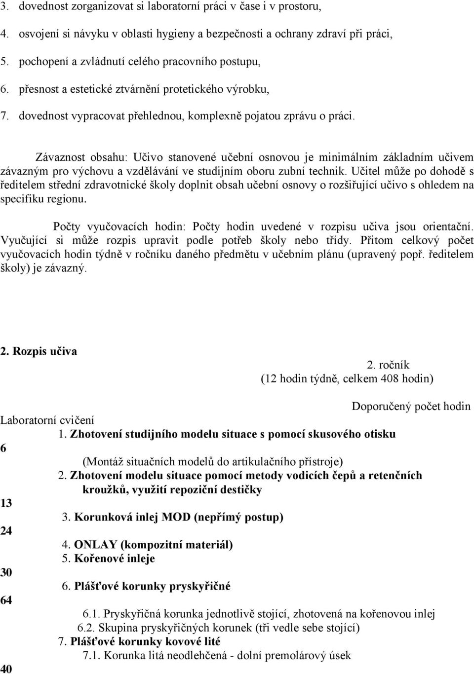 Závaznost obsahu: Učivo stanovené učební osnovou je minimálním základním učivem závazným pro výchovu a vzdělávání ve studijním oboru zubní technik.