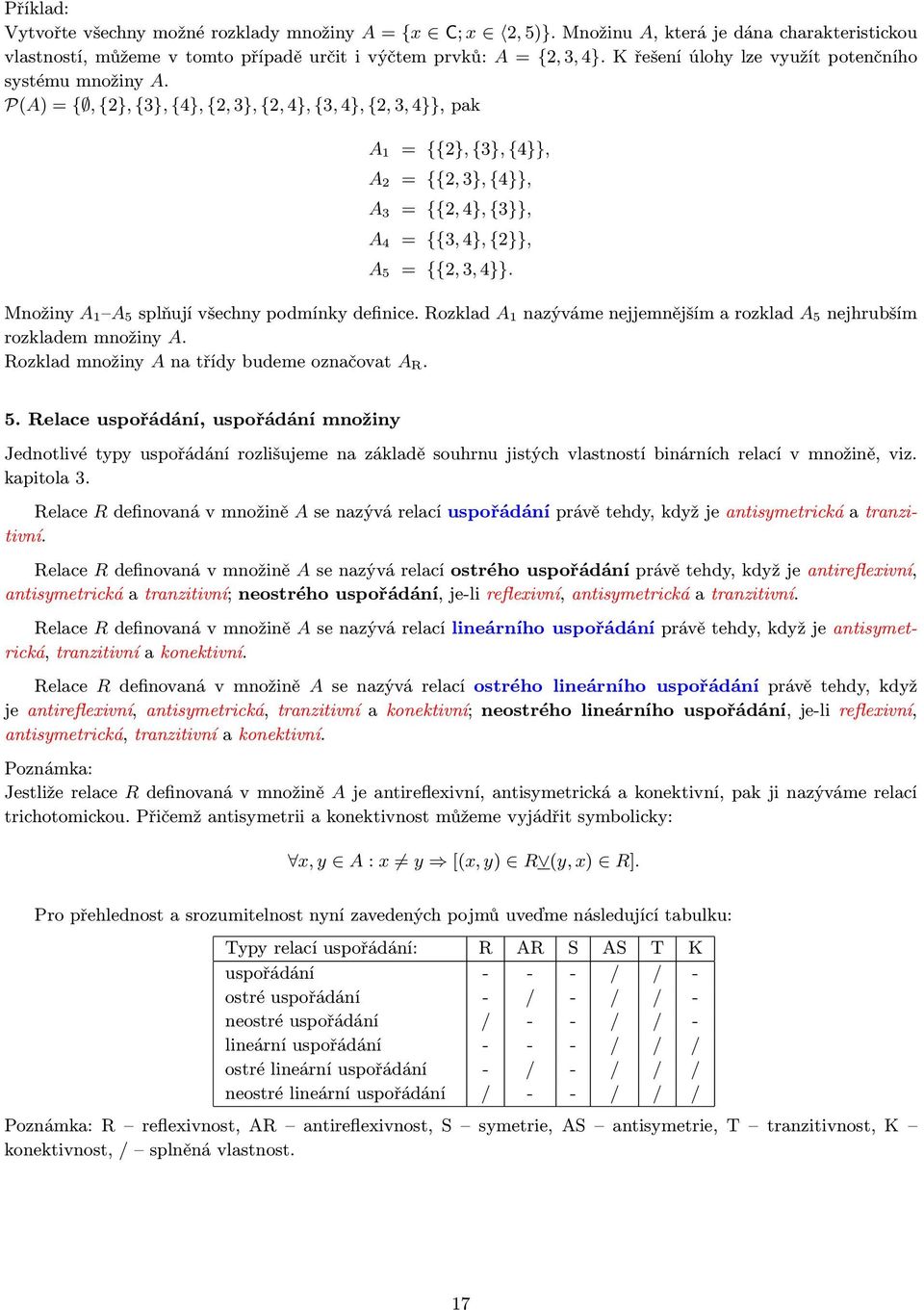 P(A) = {, {2}, {3}, {4}, {2, 3}, {2, 4}, {3, 4}, {2, 3, 4}}, pak A 1 = {{2}, {3}, {4}}, A 2 = {{2, 3}, {4}}, A 3 = {{2, 4}, {3}}, A 4 = {{3, 4}, {2}}, A 5 = {{2, 3, 4}}.