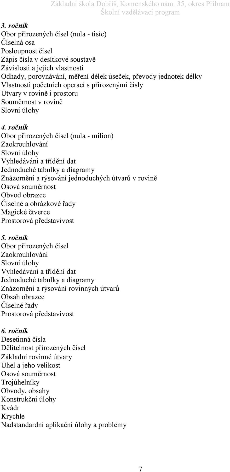 ročník Obor přirozených čísel (nula - milion) Zaokrouhlování Slovní úlohy Vyhledávání a třídění dat Jednoduché tabulky a diagramy Znázornění a rýsování jednoduchých útvarů v rovině Osová souměrnost