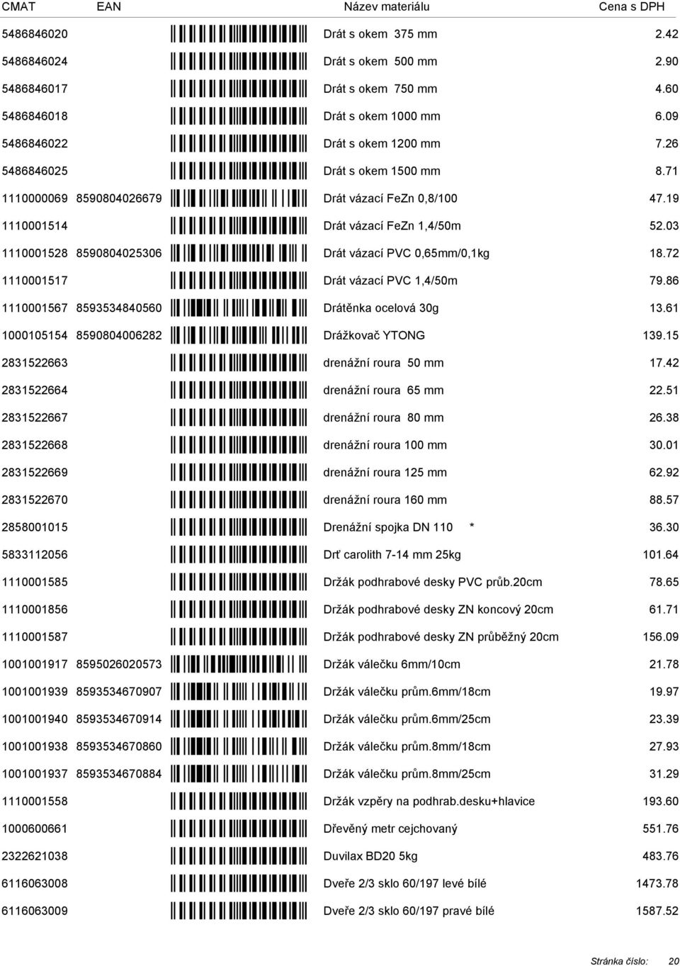 72 1110001517 Drát vázací PVC 1,4/50m 79.86 1110001567 8593534840560 Drátěnka ocelová 30g 13.61 1000105154 8590804006282 Drážkovač YTONG 139.15 2831522663 drenážní roura 50 mm 17.