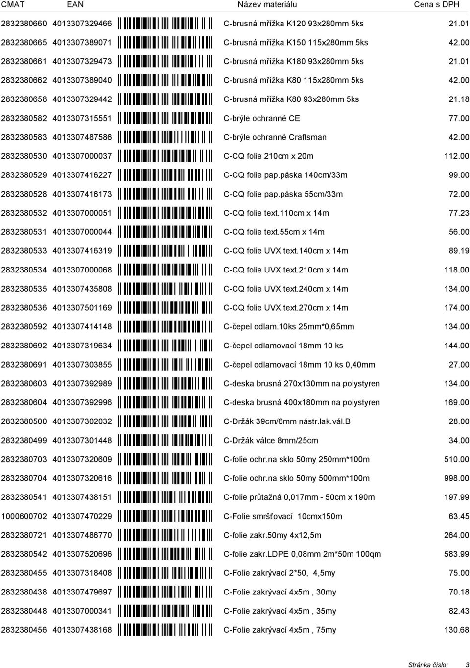 00 2832380583 4013307487586 C-brýle ochranné Craftsman 42.00 2832380530 4013307000037 C-CQ folie 210cm x 20m 112.00 2832380529 4013307416227 C-CQ folie pap.páska 140cm/33m 99.