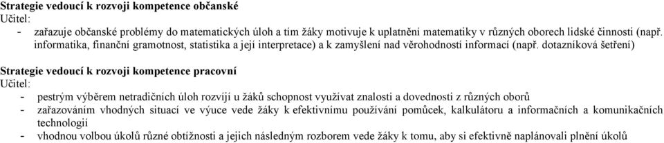 dotazníková šetření) Strategie vedoucí k rozvoji kompetence pracovní Učitel: - pestrým výběrem netradičních úloh rozvíjí u žáků schopnost využívat znalosti a dovednosti z různých oborů -