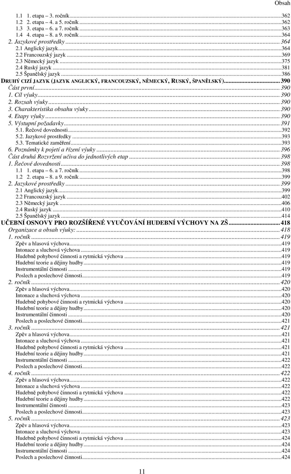 Rozsah výuky... 390 3. Charakteristika obsahu výuky... 390 4. Etapy výuky... 390 5. Výstupní požadavky... 391 5.1. Řečové dovednosti...392 5.2. Jazykové prostředky...393 5.3. Tematické zaměření...393 6.