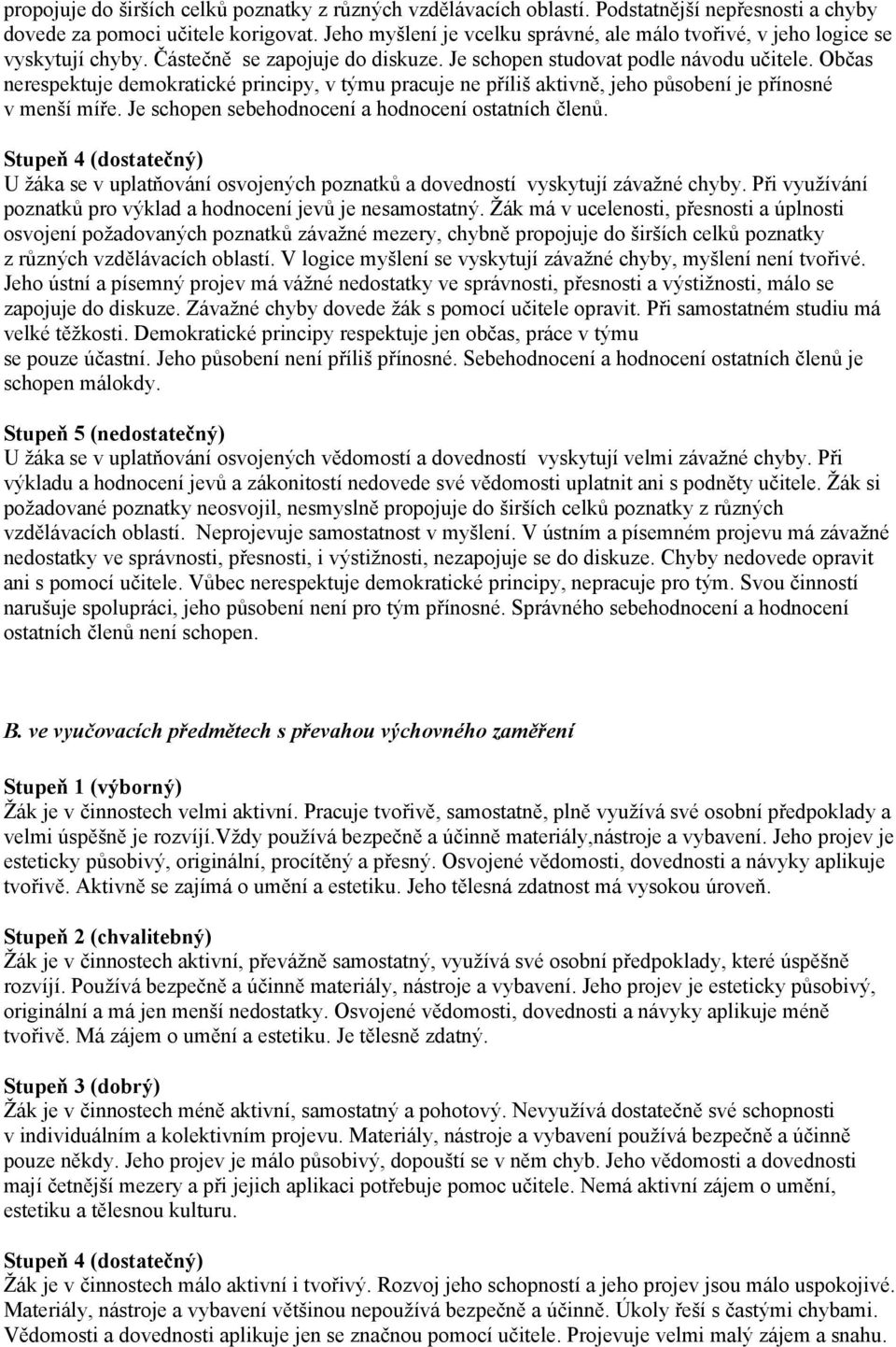 Občas nerespektuje demokratické principy, v týmu pracuje ne příliš aktivně, jeho působení je přínosné v menší míře. Je schopen sebehodnocení a hodnocení ostatních členů.