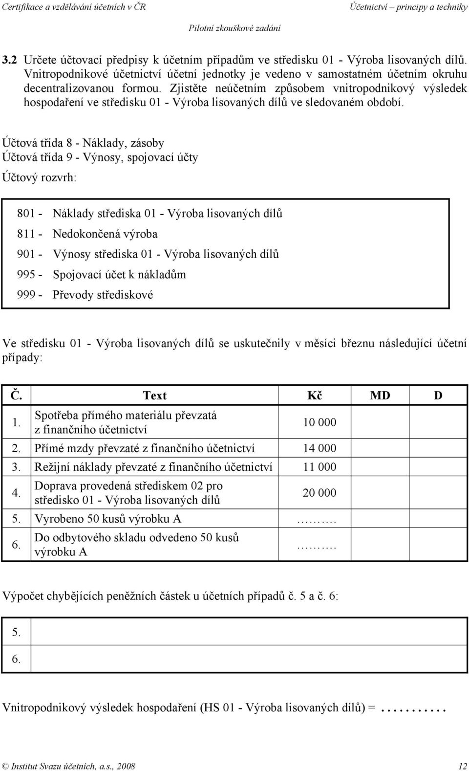 Účtová třída 8 - Náklady, zásoby Účtová třída 9 - Výnosy, spojovací účty Účtový rozvrh: 801 - Náklady střediska 01 - Výroba lisovaných dílů 811 - Nedokončená výroba 901 - Výnosy střediska 01 - Výroba