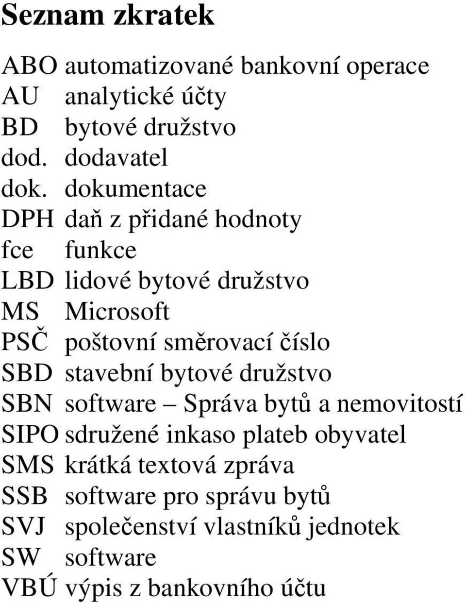 číslo SBD stavební bytové družstvo SBN software Správa bytů a nemovitostí SIPO sdružené inkaso plateb obyvatel SMS