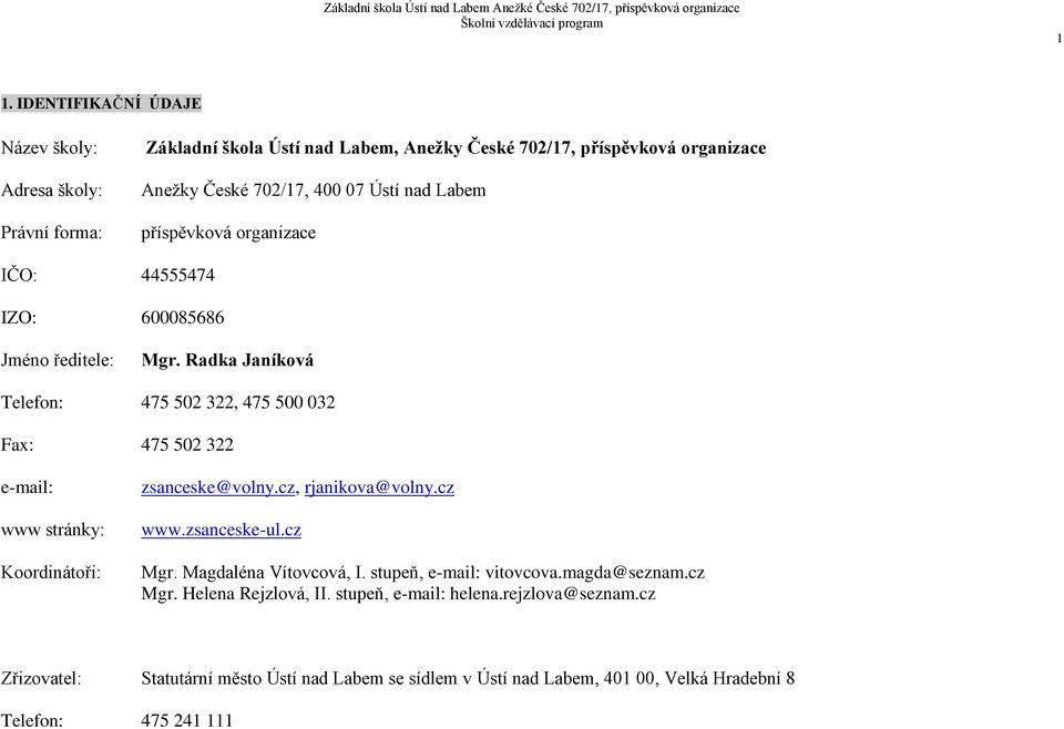 Radka Janíková Telefon: 475 502 322, 475 500 032 Fax: 475 502 322 e-mail: www stránky: Koordinátoři: zsanceske@volny.cz, rjanikova@volny.cz www.zsanceske-ul.cz Mgr.