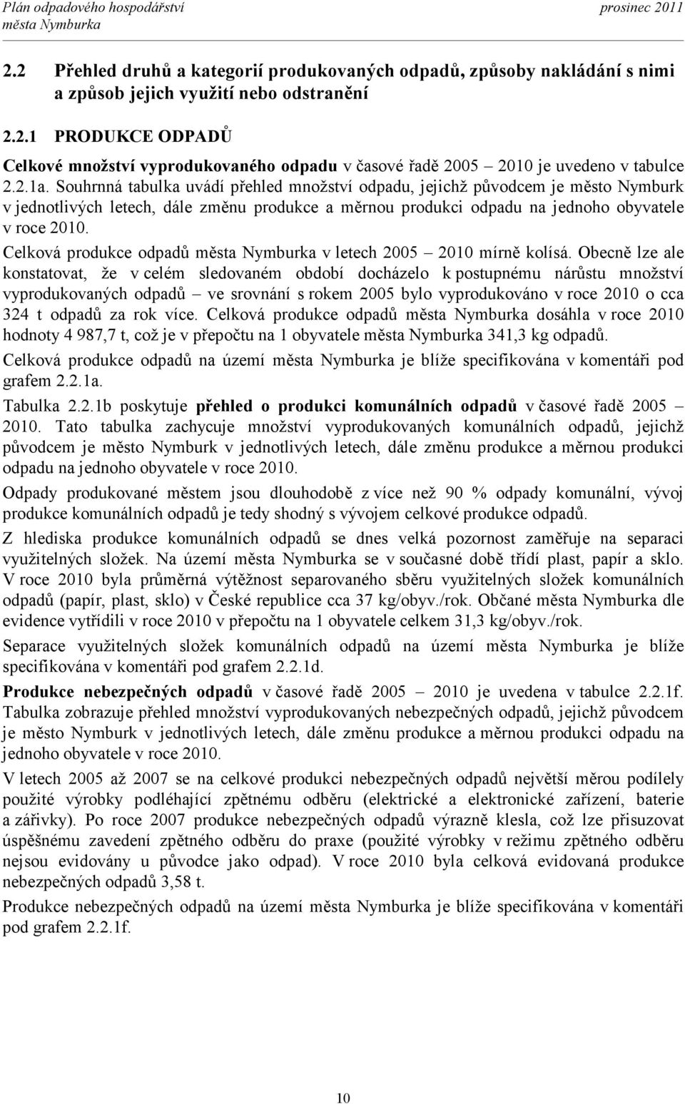 Celková produkce odpadů v letech 2005 2010 mírně kolísá.