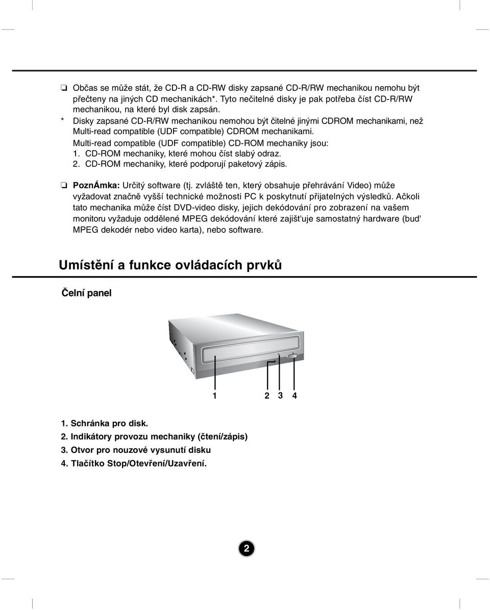 * Disky zapsané CD-R/RW mechanikou nemohou být čitelné jinými CDROM mechanikami, než Multi-read compatible (UDF compatible) CDROM mechanikami.