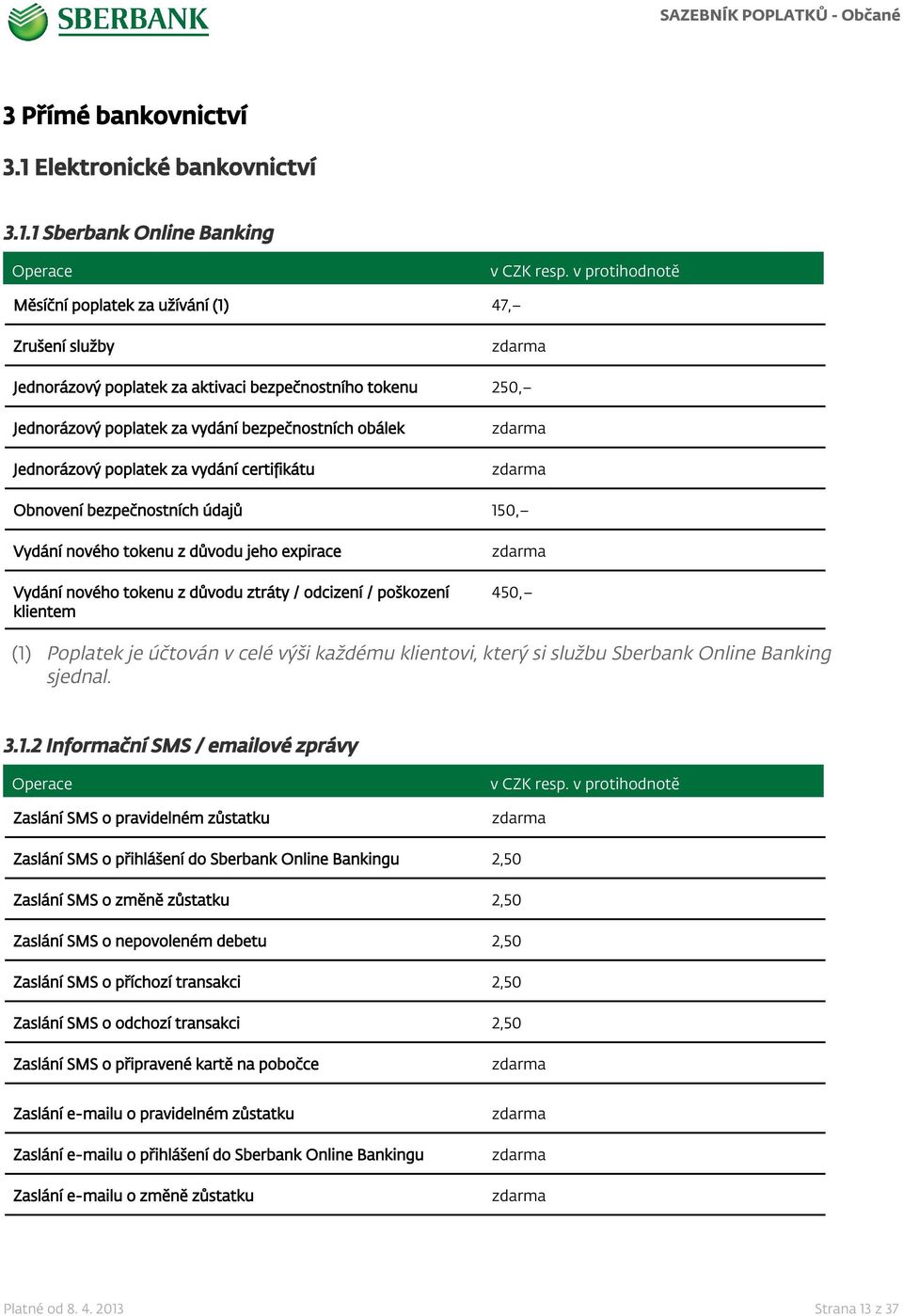 1 Sberbank Online Banking Měsíční poplatek za užívání (1) 47, Zrušení služby Jednorázový poplatek za aktivaci bezpečnostního tokenu 250, Jednorázový poplatek za vydání bezpečnostních obálek