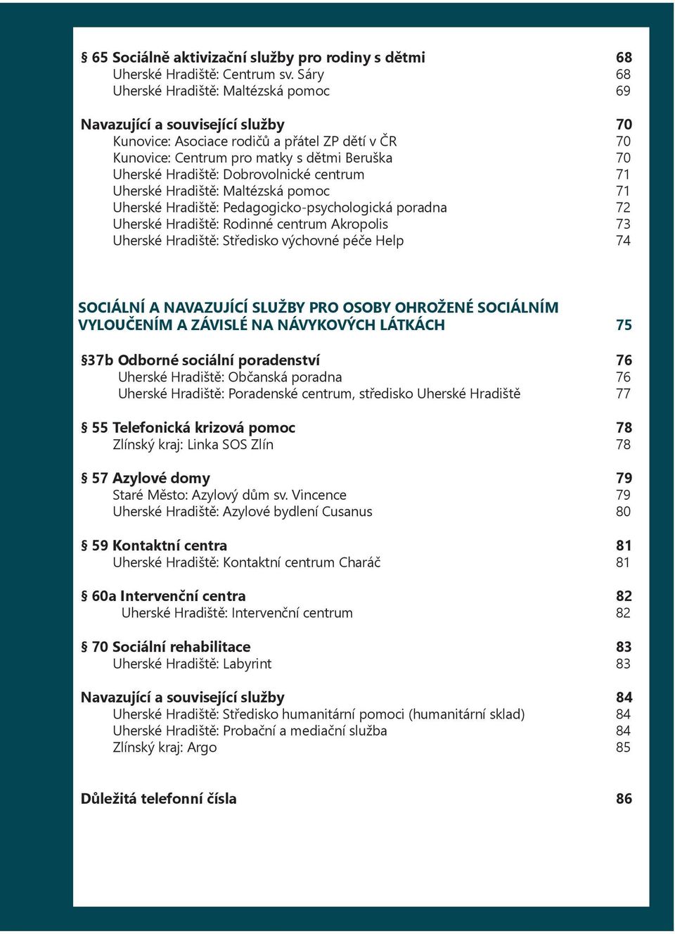 Dobrovolnické centrum 71 Uherské Hradiště: Maltézská pomoc 71 Uherské Hradiště: Pedagogicko-psychologická poradna 72 Uherské Hradiště: Rodinné centrum Akropolis 73 Uherské Hradiště: Středisko