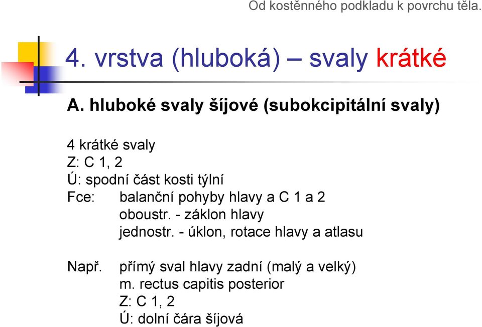 kosti týlní Fce: balanční pohyby hlavy a C 1 a 2 oboustr. - záklon hlavy jednostr.