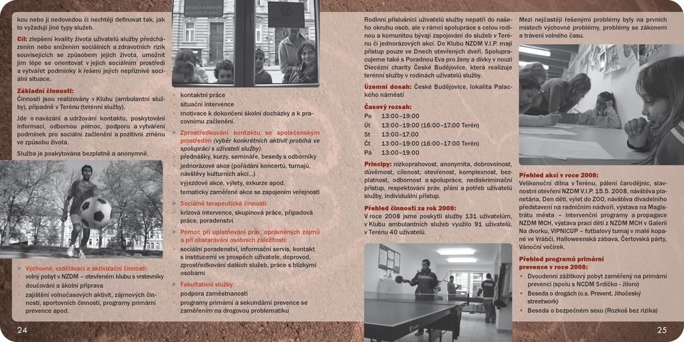 prostředí a vytvářet podmínky k řešení jejich nepříznivé sociální situace. Základní činnosti: Činnosti jsou realizovány v Klubu (ambulantní služby), případně v Terénu (terénní služby).