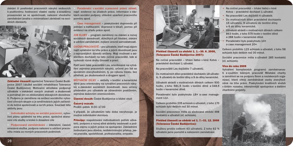 Základní činnosti (společné Toleranci České Budějovice 2007 i službě sociální rehabilitace Tolerance České Budějovice): Motivační střediska podporují uživatele v získávání nových znalostí a