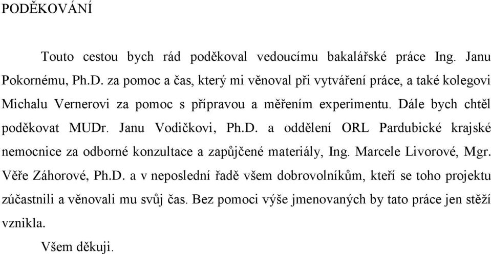 Marcele Livorové, Mgr. Věře Záhorové, Ph.D. a v neposlední řadě všem dobrovolníkům, kteří se toho projektu zúčastnili a věnovali mu svůj čas.