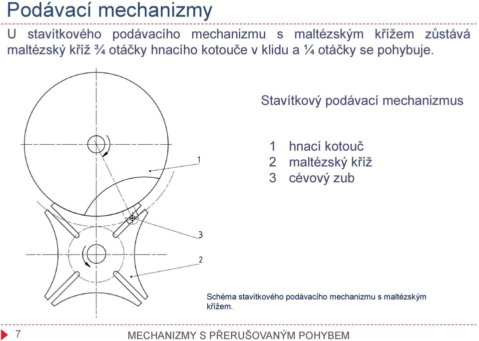 Stavítkový podávací mechanizmus 1 hnací kotouč 2 maltézský kříž 3 cévový zub