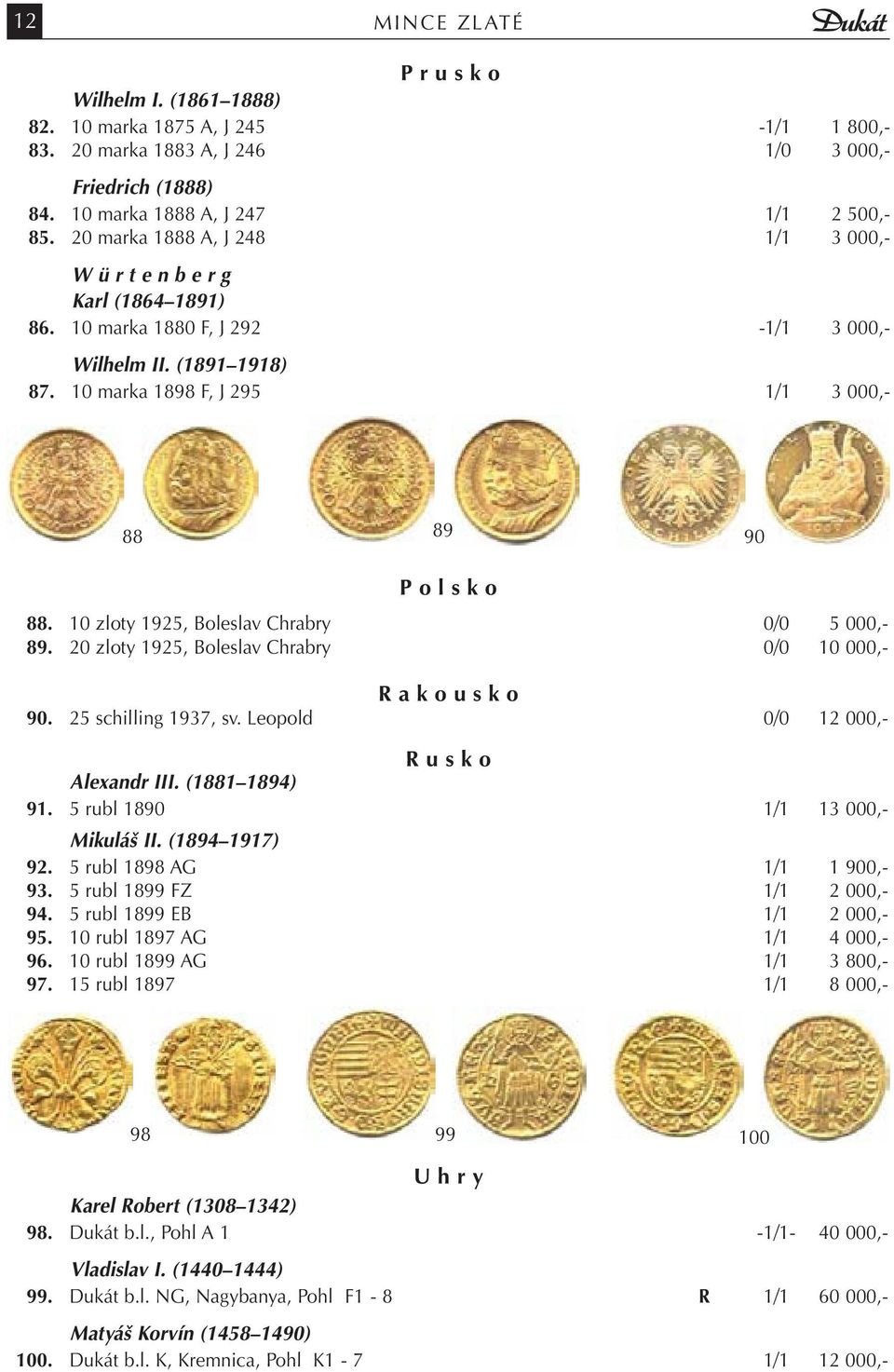 10 zloty 1925, Boleslav Chrabry 0/0 5 000,- 89. 20 zloty 1925, Boleslav Chrabry 0/0 10 000,- R a k o u s k o 90. 25 schilling 1937, sv. Leopold 0/0 12 000,- R u s k o Alexandr III. (1881 1894) 91.