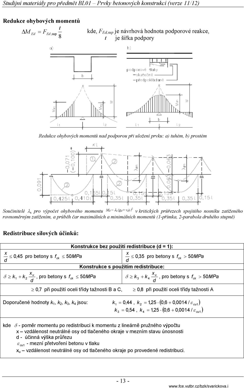 stupně) Redistribuce silových účinků: Konstrukce bez použití redistribuce (d = 1): x x 0,45 pro betony s f ck 50MPa 0, 35 pro betony s f ck 50MPa d d Konstrukce s použitím redistribuce: xu k 1 k 2,