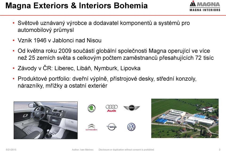 zaměstnanců přesahujících 72 tisíc Závody v ČR: Liberec, Libáň, Nymburk, Lipovka Produktové portfolio: dveřní výplně, přístrojové