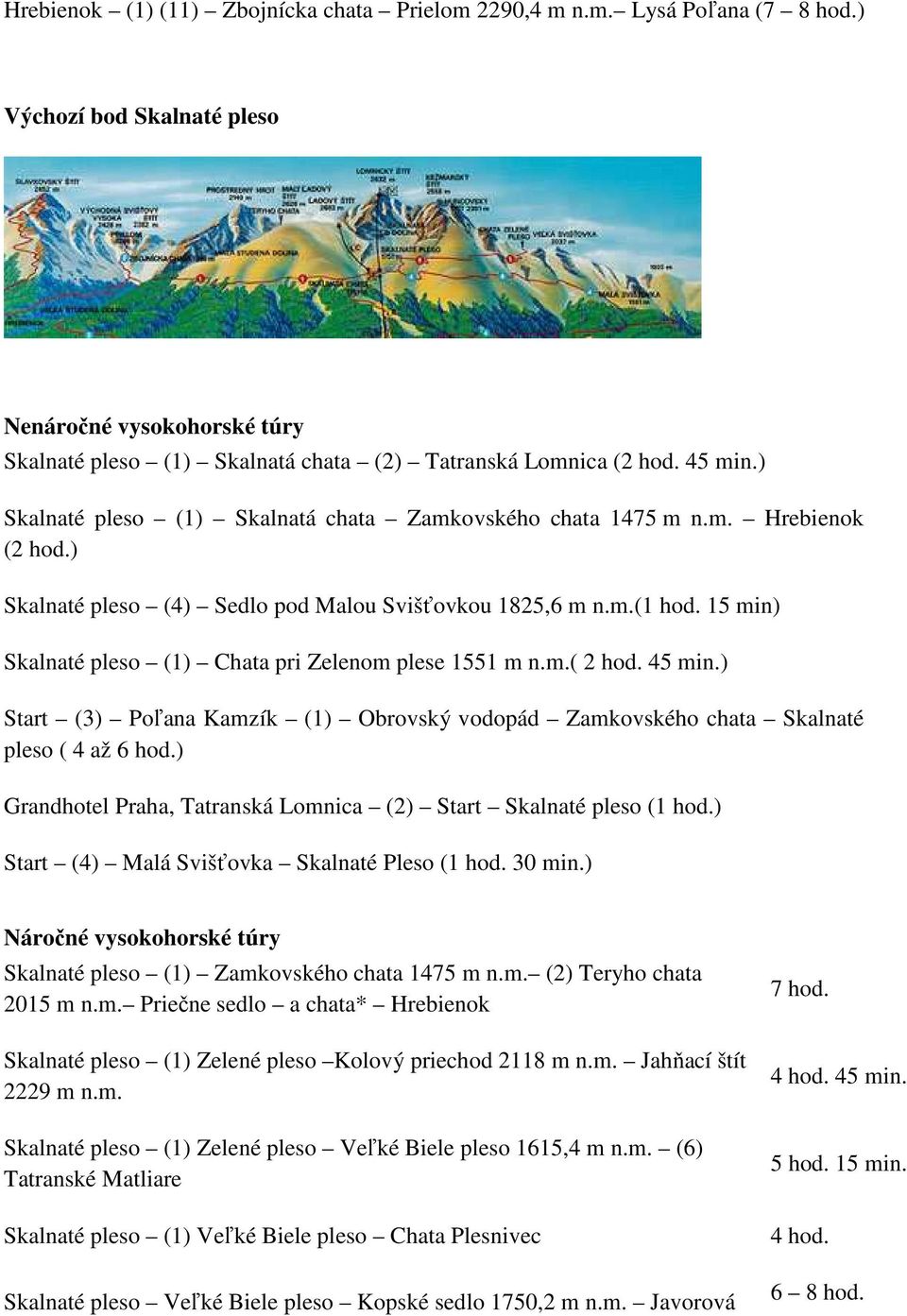 15 min) Skalnaté pleso (1) Chata pri Zelenom plese 1551 m n.m.( 2 hod. 45 min.) Start (3) Poľana Kamzík (1) Obrovský vodopád Zamkovského chata Skalnaté pleso ( 4 až 6 hod.