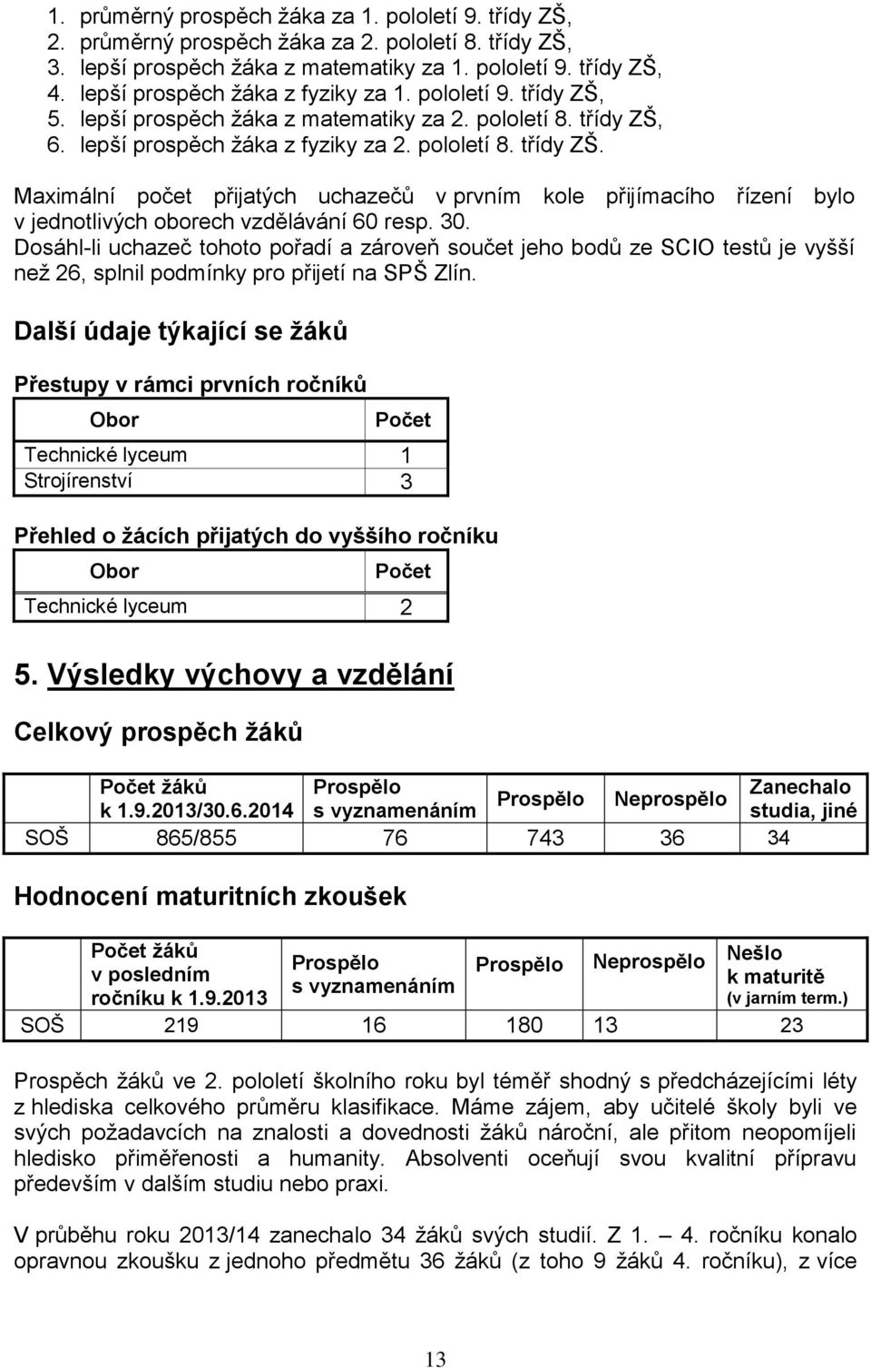 30. Dosáhl-li uchazeč tohoto pořadí a zároveň součet jeho bodů ze SCIO testů je vyšší než 26, splnil podmínky pro přijetí na SPŠ Zlín.