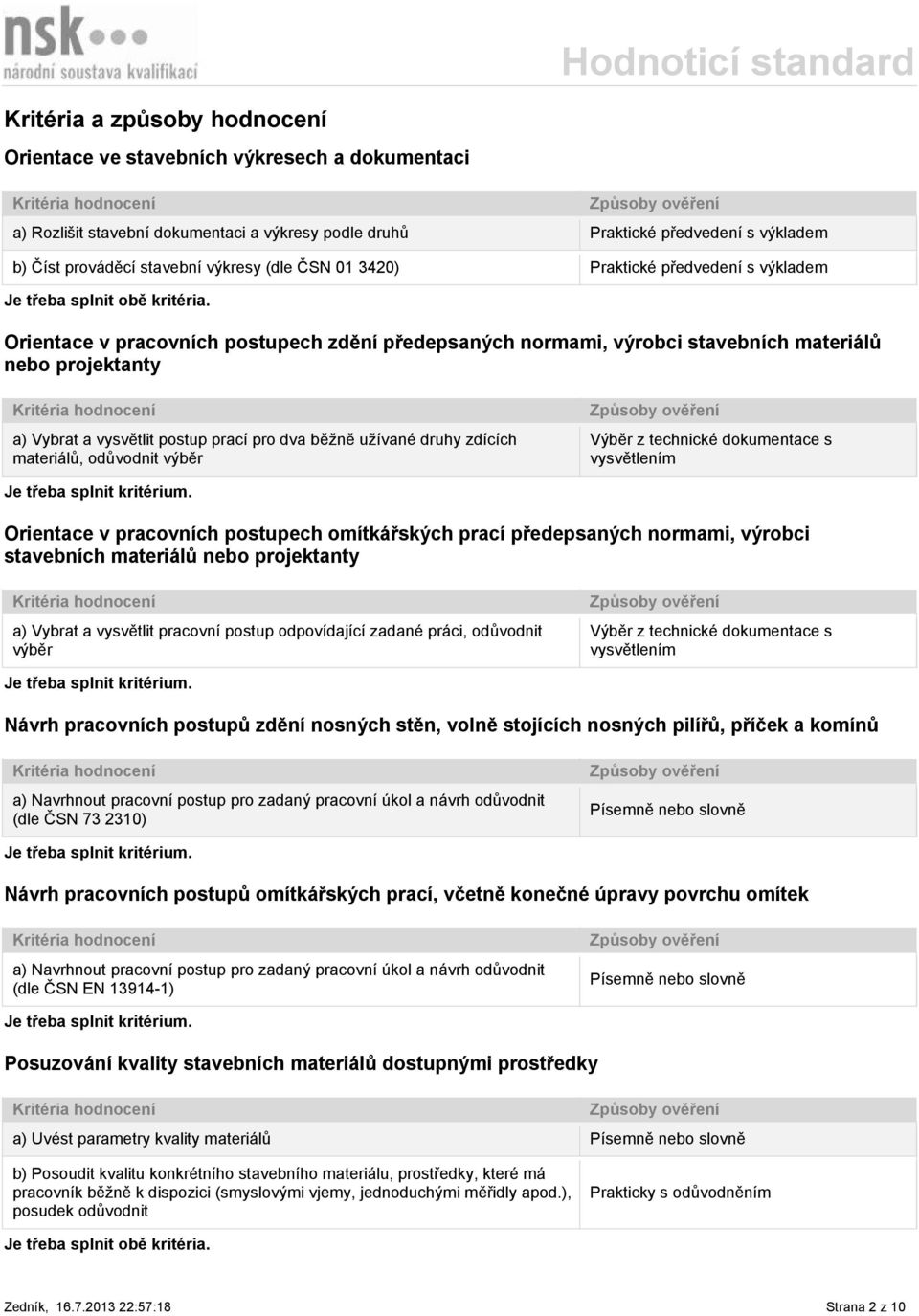 Orientace v pracovních postupech zdění předepsaných normami, výrobci stavebních materiálů nebo projektanty a) Vybrat a vysvětlit postup prací pro dva běžně užívané druhy zdících materiálů, odůvodnit