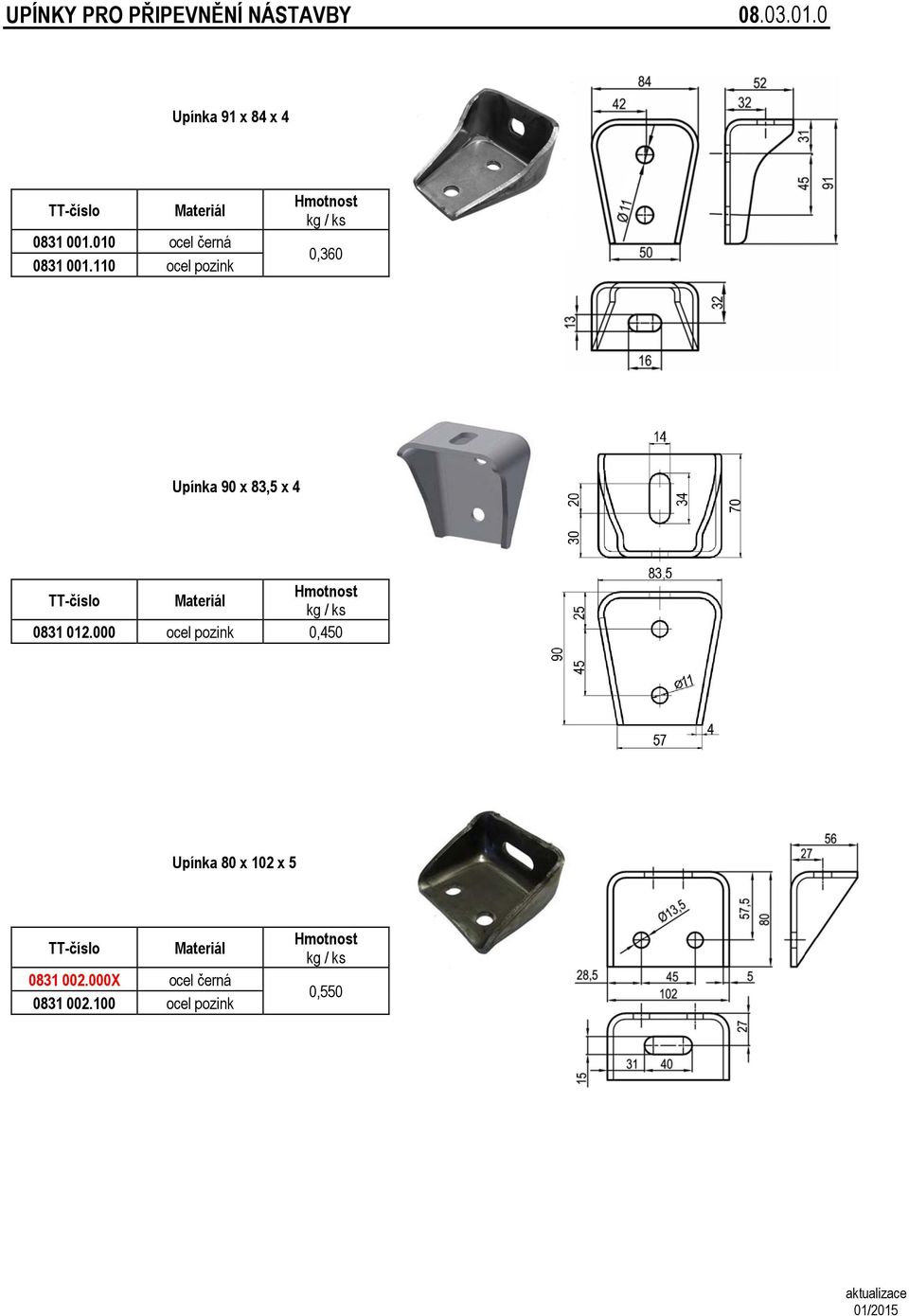 110 ocel pozink Hmotnost 0,360 Upínka 90 x 83,5 x 4 Materiál Hmotnost 0831