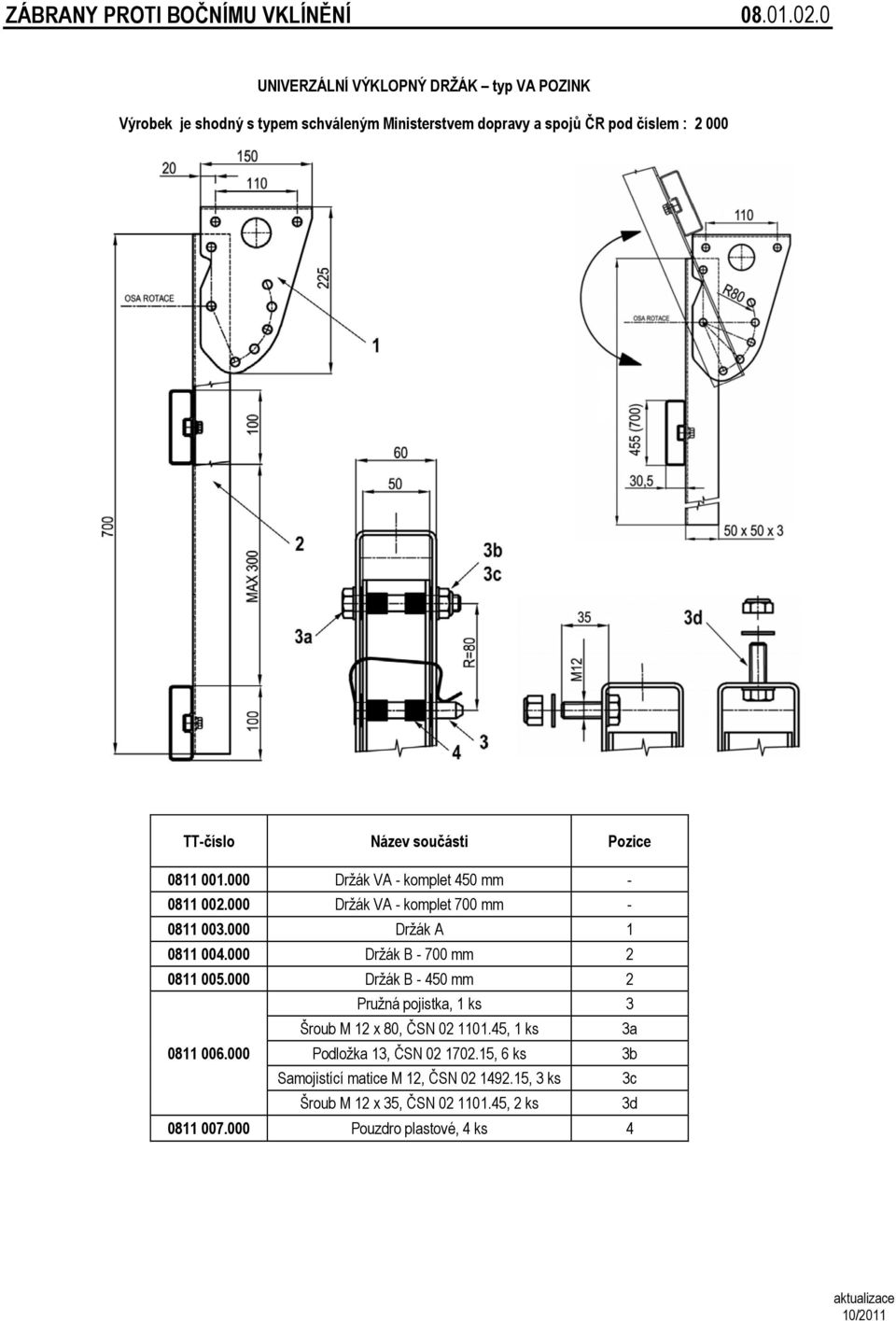 Pozice 0811 001.000 Držák VA - komplet 450-0811 002.000 Držák VA - komplet 700-0811 003.000 Držák A 1 0811 004.000 Držák B - 700 2 0811 005.