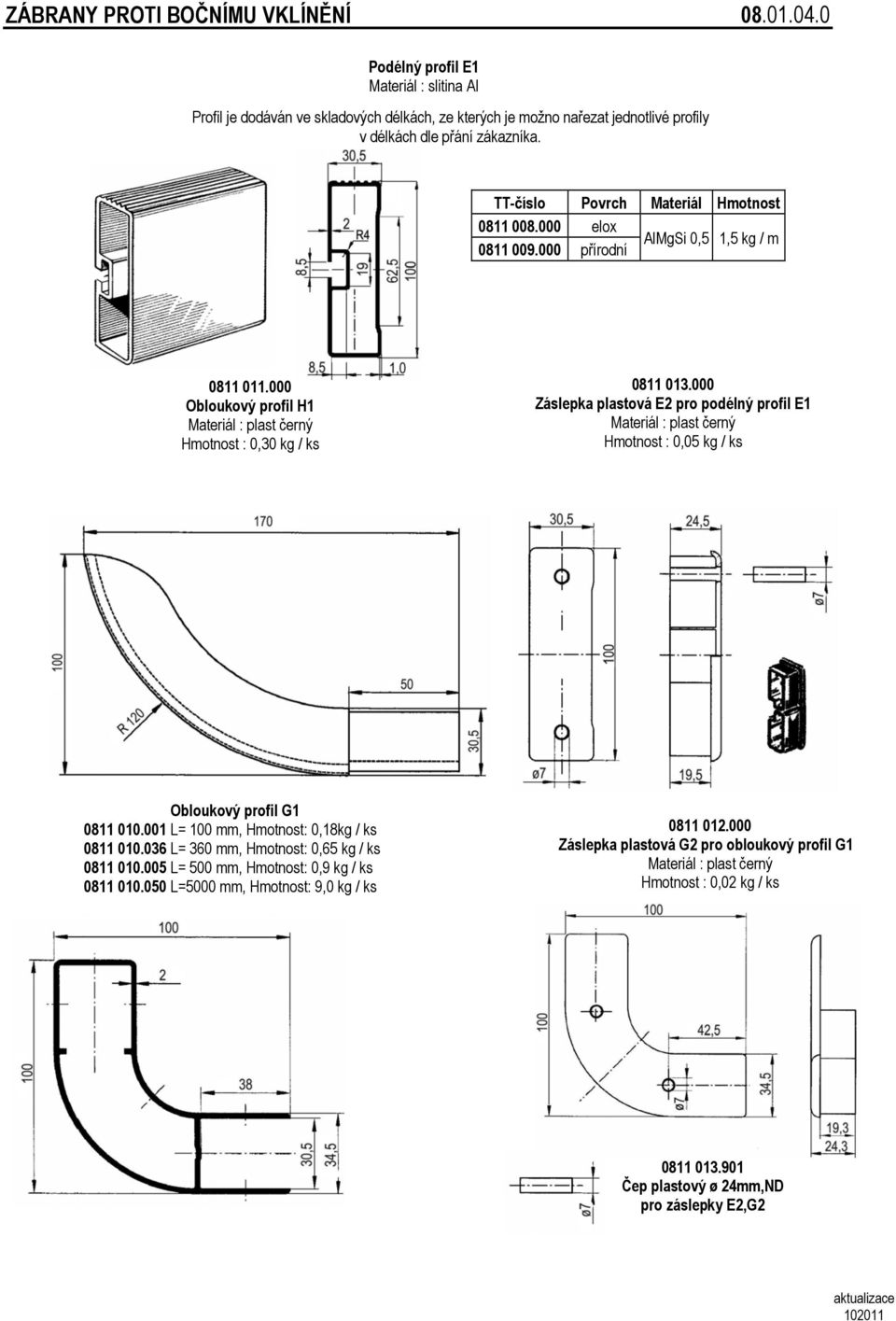 Povrch Materiál Hmotnost 0811 008.000 elox AlMgSi 0,5 1,5 kg / m 0811 009.000 přírodní 0811 011.000 Obloukový profil H1 Materiál : plast černý Hmotnost : 0,30 0811 013.