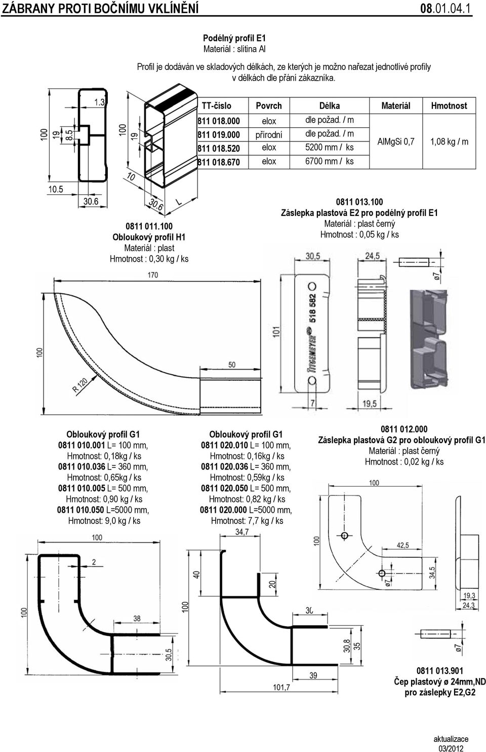 100 Obloukový profil H1 Materiál : plast Hmotnost : 0,30 0811 013.100 Záslepka plastová E2 pro podélný profil E1 Materiál : plast černý Hmotnost : 0,05 Obloukový profil G1 0811 010.