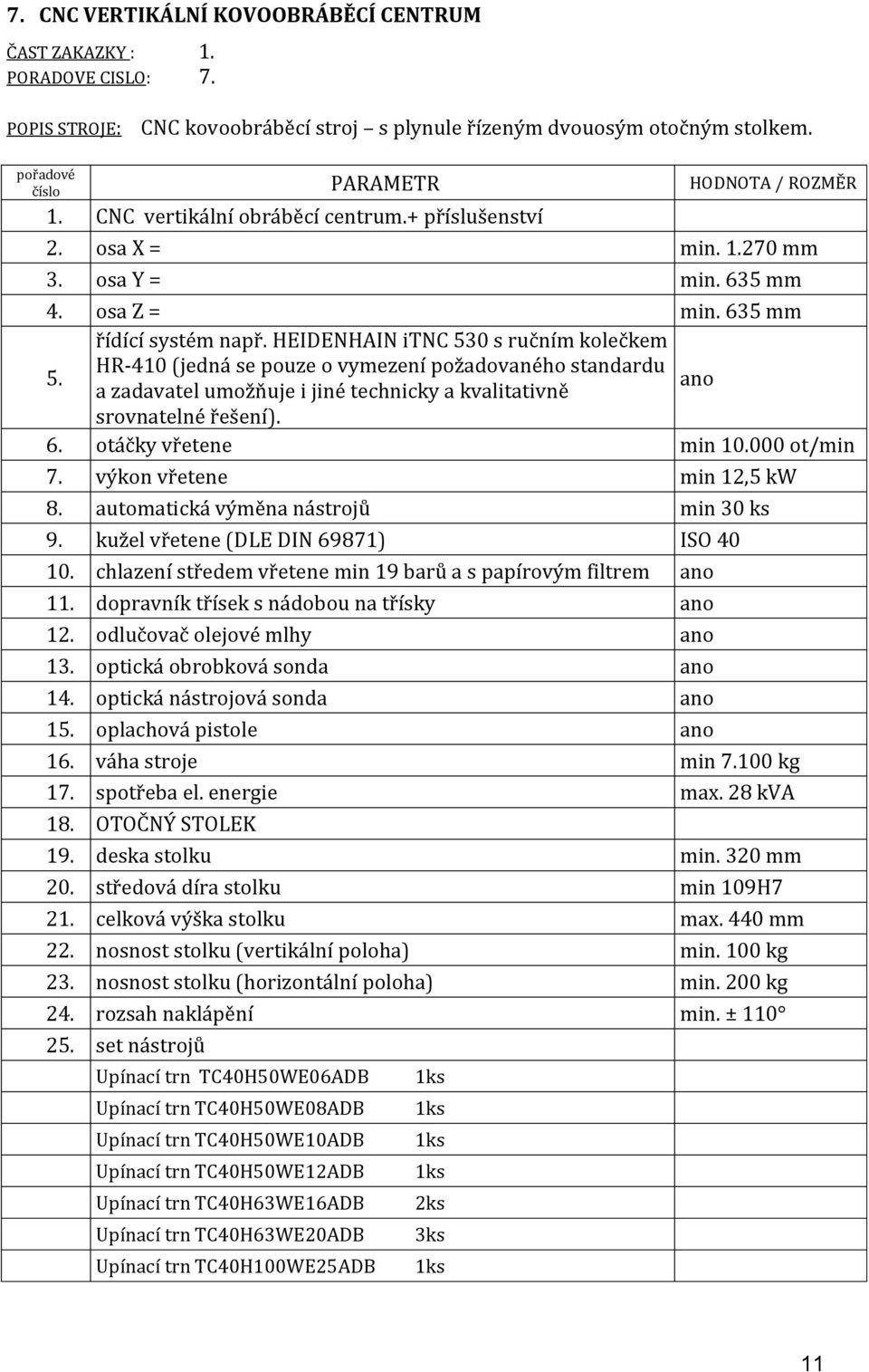 HEIDENHAIN itnc 530 s ručním kolečkem HR-410 (jedná se pouze o vymezení požadovaného standardu a zadavatel umožňuje i jiné technicky a kvalitativně ano srovnatelné řešení). 6. otáčky vřetene min 10.