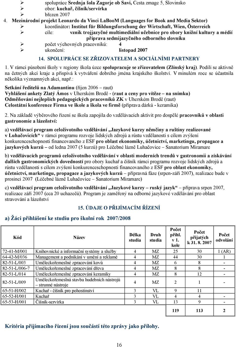 učebnice pro obory knižní kultury a médií příprava sedmijazyčného odborného slovníku počet výchovných pracovníků: 4 ukončení: listopad 2007 14. SPOLUPRÁCE SE ZŘIZOVATELEM A SOCIÁLNÍMI PARTNERY 1.