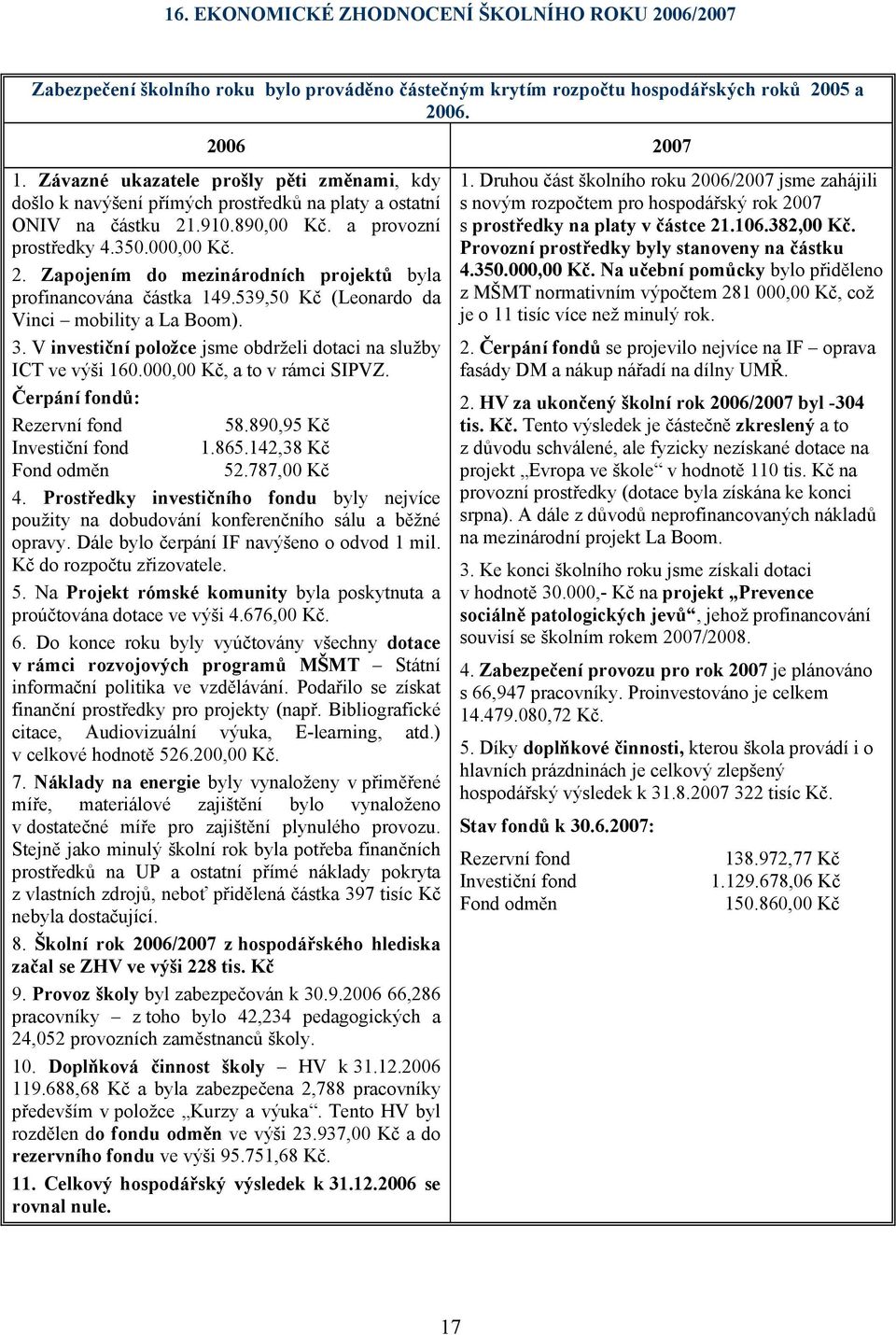 539,50 Kč (Leonardo da Vinci mobility a La Boom). 3. V investiční položce jsme obdrželi dotaci na služby ICT ve výši 160.000,00 Kč, a to v rámci SIPVZ. Čerpání fondů: Rezervní fond 58.