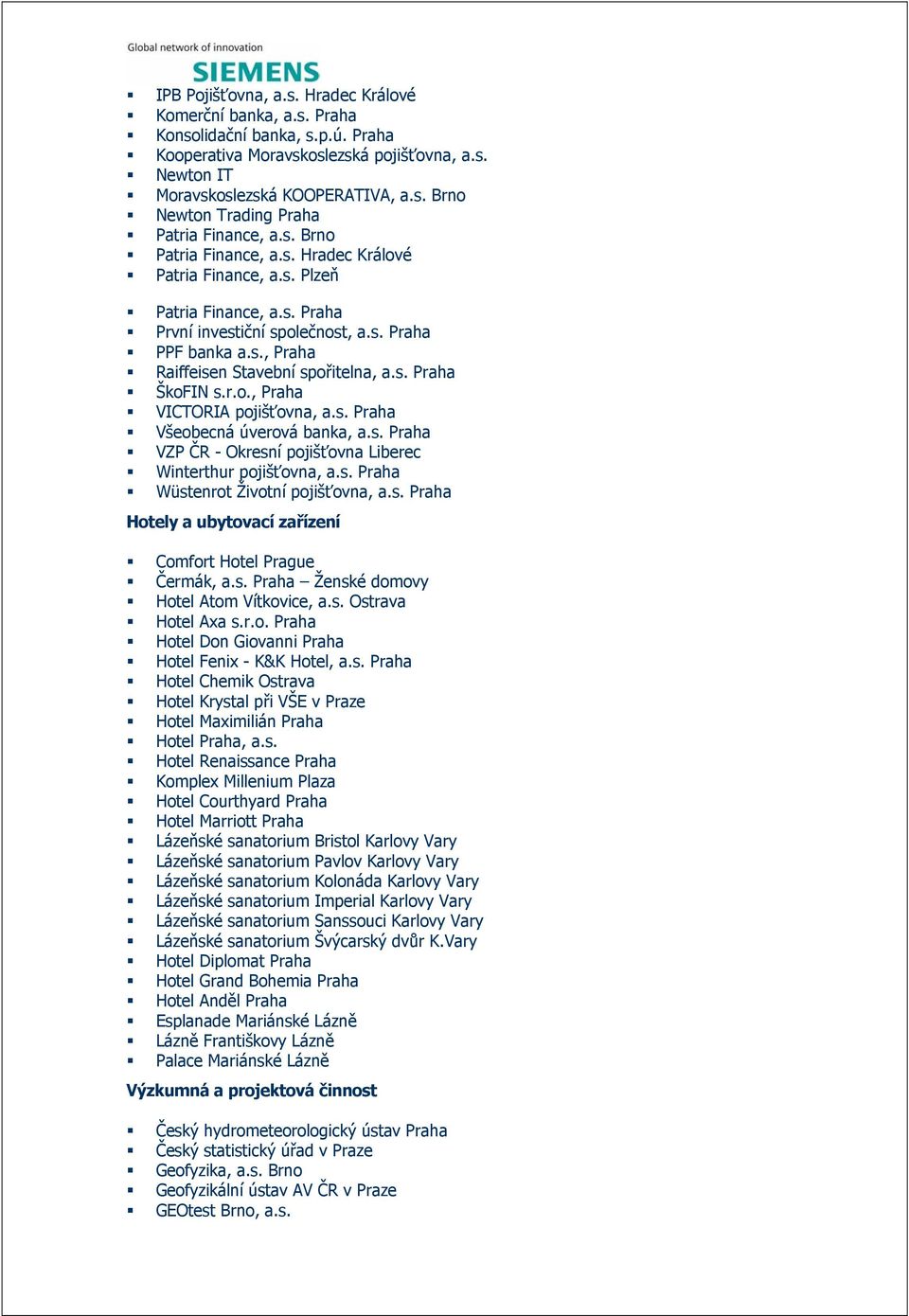 r.o., Praha VICTORIA pojišťovna, a.s. Praha Všeobecná úverová banka, a.s. Praha VZP ČR - Okresní pojišťovna Liberec Winterthur pojišťovna, a.s. Praha Wüstenrot Životní pojišťovna, a.s. Praha Hotely a ubytovací zařízení Comfort Hotel Prague Čermák, a.