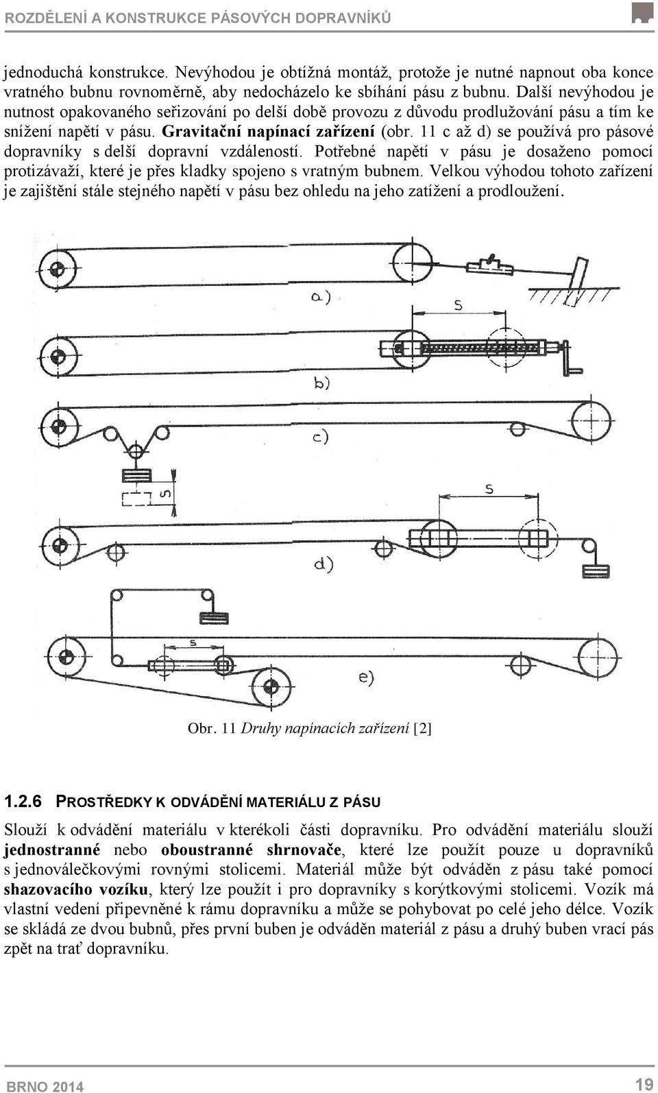 11 c až d) se používá pro pásové dopravníky s delší dopravní vzdáleností. Potřebné napětí v pásu je dosaženo pomocí protizávaží, které je přes kladky spojeno s vratným bubnem.