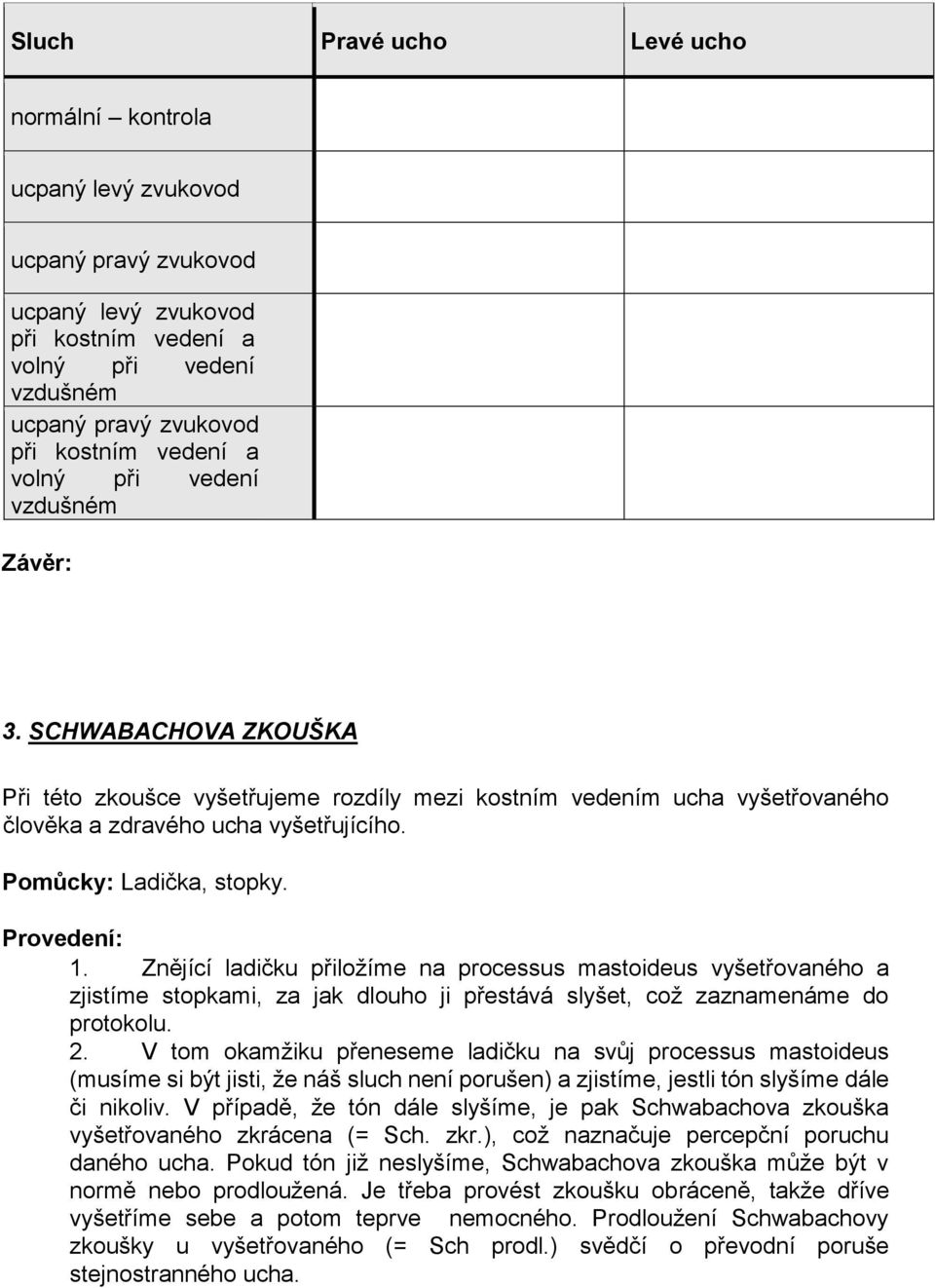 Provedení: 1. Znějící ladičku přiložíme na processus mastoideus vyšetřovaného a zjistíme stopkami, za jak dlouho ji přestává slyšet, což zaznamenáme do protokolu. 2.