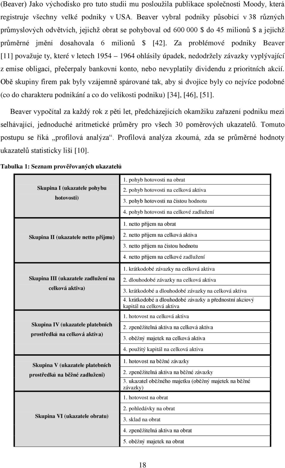 Za problémové podniky Beaver [11] považuje ty, které v letech 1954 1964 ohlásily úpadek, nedodržely závazky vyplývající z emise obligací, přečerpaly bankovní konto, nebo nevyplatily dividendu z