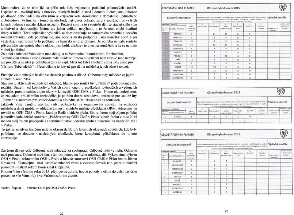 Věřím, že v tomto trendu bude náš okres pokračovat a v soutěžích ve vyšších kolech budeme i nadále sklízet úspěchy. Požární sport a to i soutěže dětí se stávají stále více atraktivní a sledovanější.