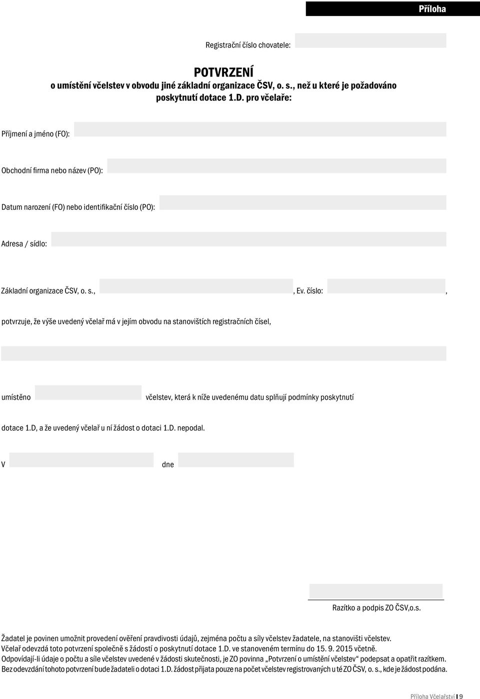 číslo:, potvrzuje, že výše uvedený včelař má v jejím obvodu na stanovištích registračních čísel, umístěno včelstev, která k níže uvedenému datu splňují podmínky poskytnutí dotace 1.