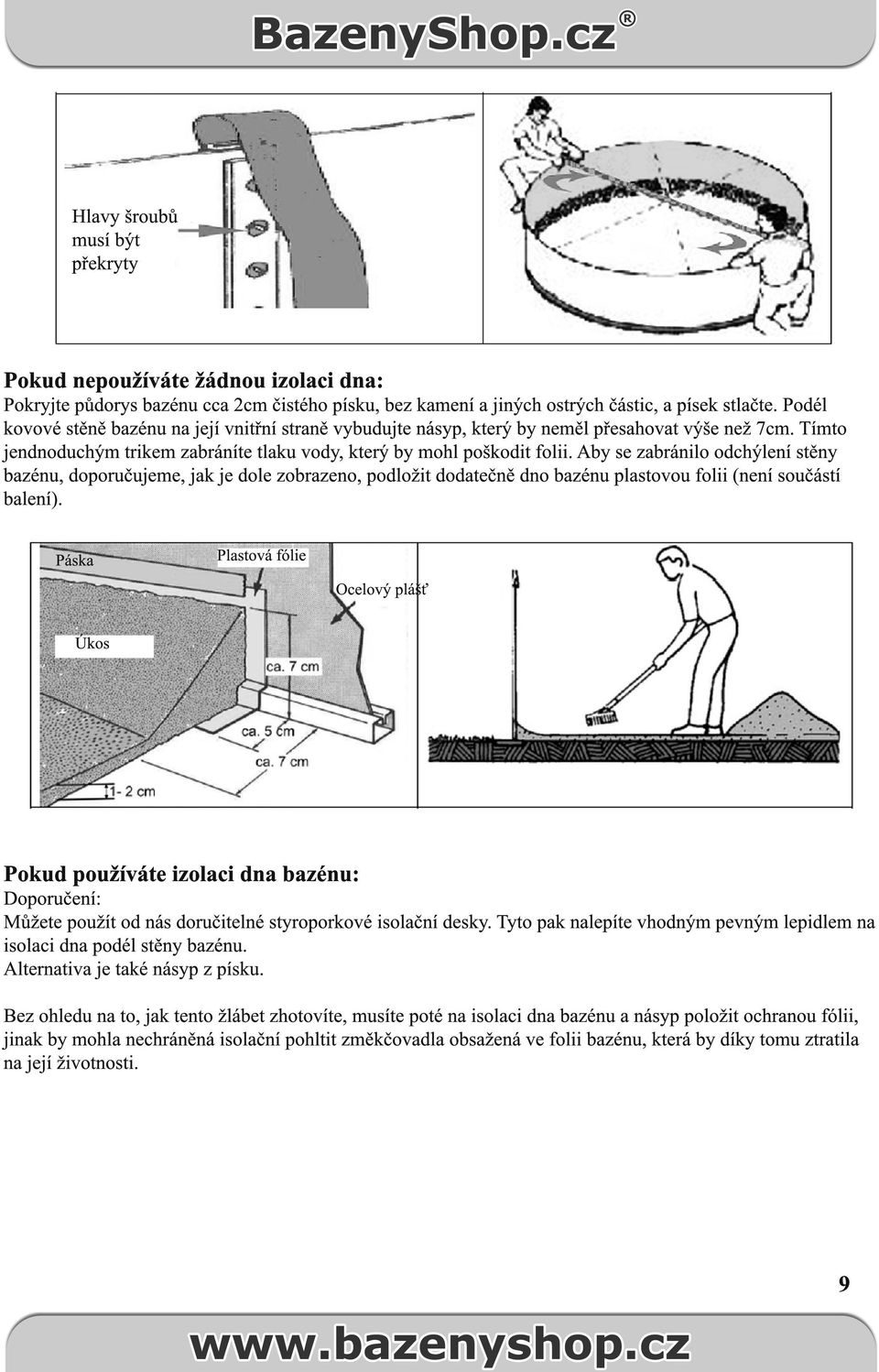 Aby se zabránilo odchýlení stěny bazénu, doporučujeme, jak je dole zobrazeno, podložit dodatečně dno bazénu plastovou folii (není součástí balení).