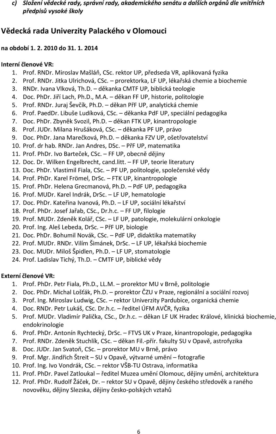 Doc. PhDr. Jiří Lach, Ph.D., M.A. děkan FF UP, historie, politologie 5. Prof. RNDr. Juraj Ševčík, Ph.D. děkan PřF UP, analytická chemie 6. Prof. PaedDr. Libuše Ludíková, CSc.