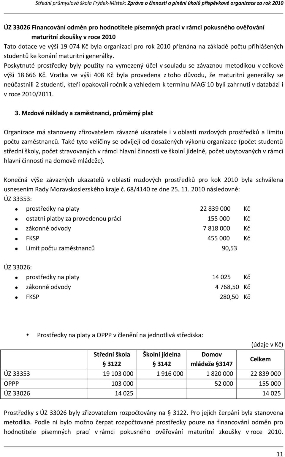 Vratka ve výši 408 Kč byla provedena z toho důvodu, že maturitní generálky se neúčastnili 2 studenti, kteří opakovali ročník a vzhledem k termínu MAG 10 byli zahrnuti v databázi i v roce 2010/2011. 3.